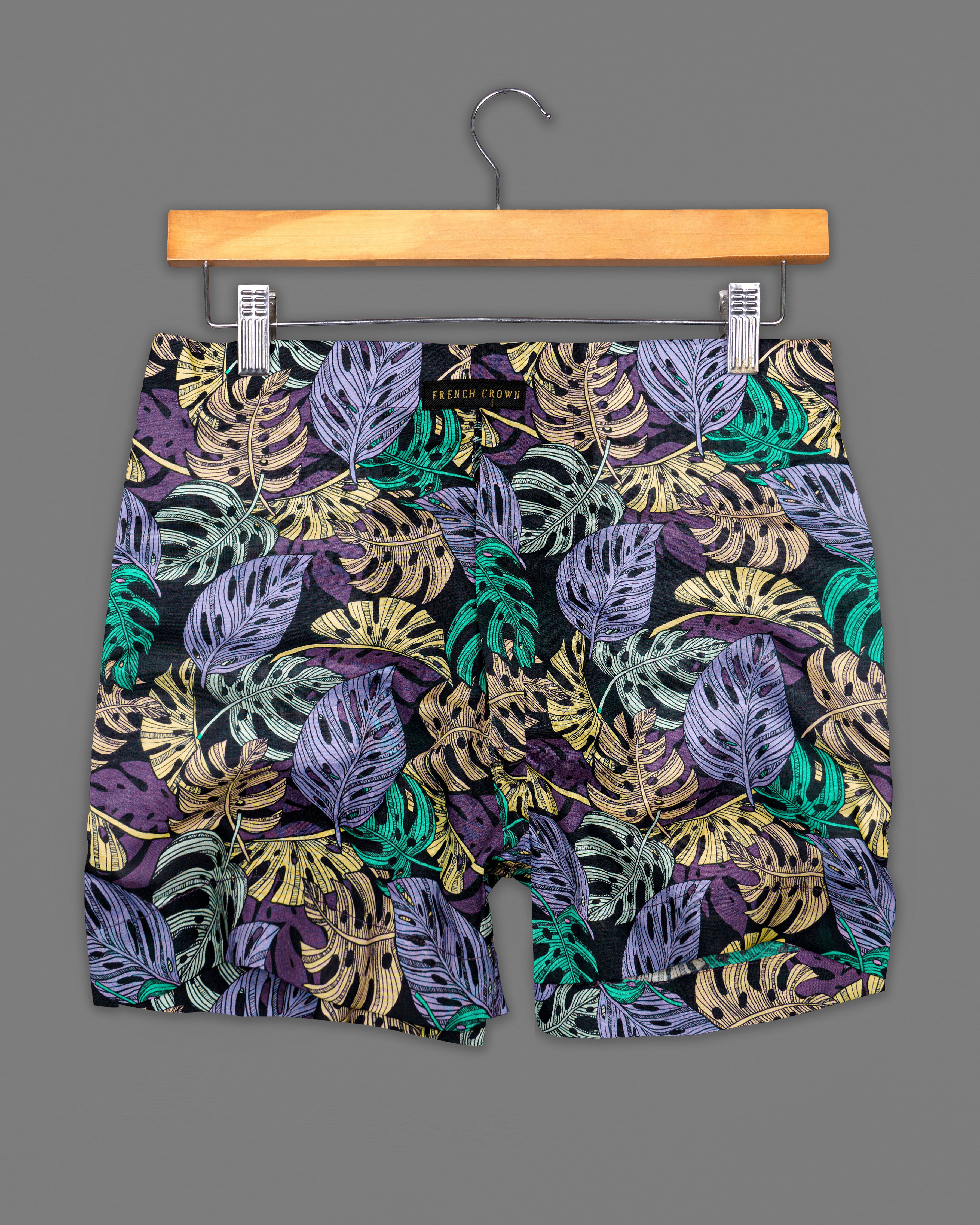 Twilight Purple with Puerto Green Multicolour Leaves Printed Premium Cotton Boxer