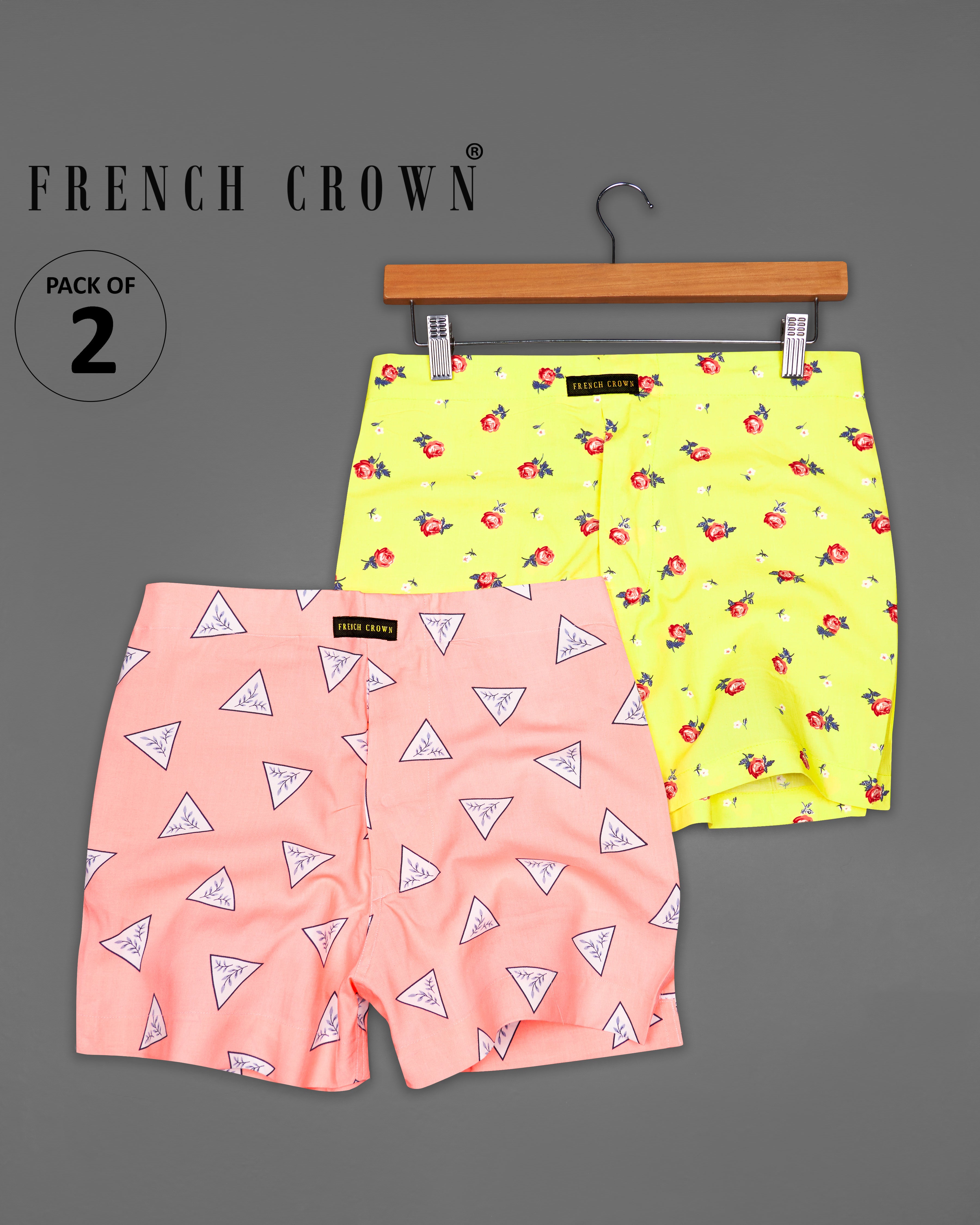 Oyster Peach Triangle Printed and Mindaro Leamon Rose Printed Premium Cotton Boxers
