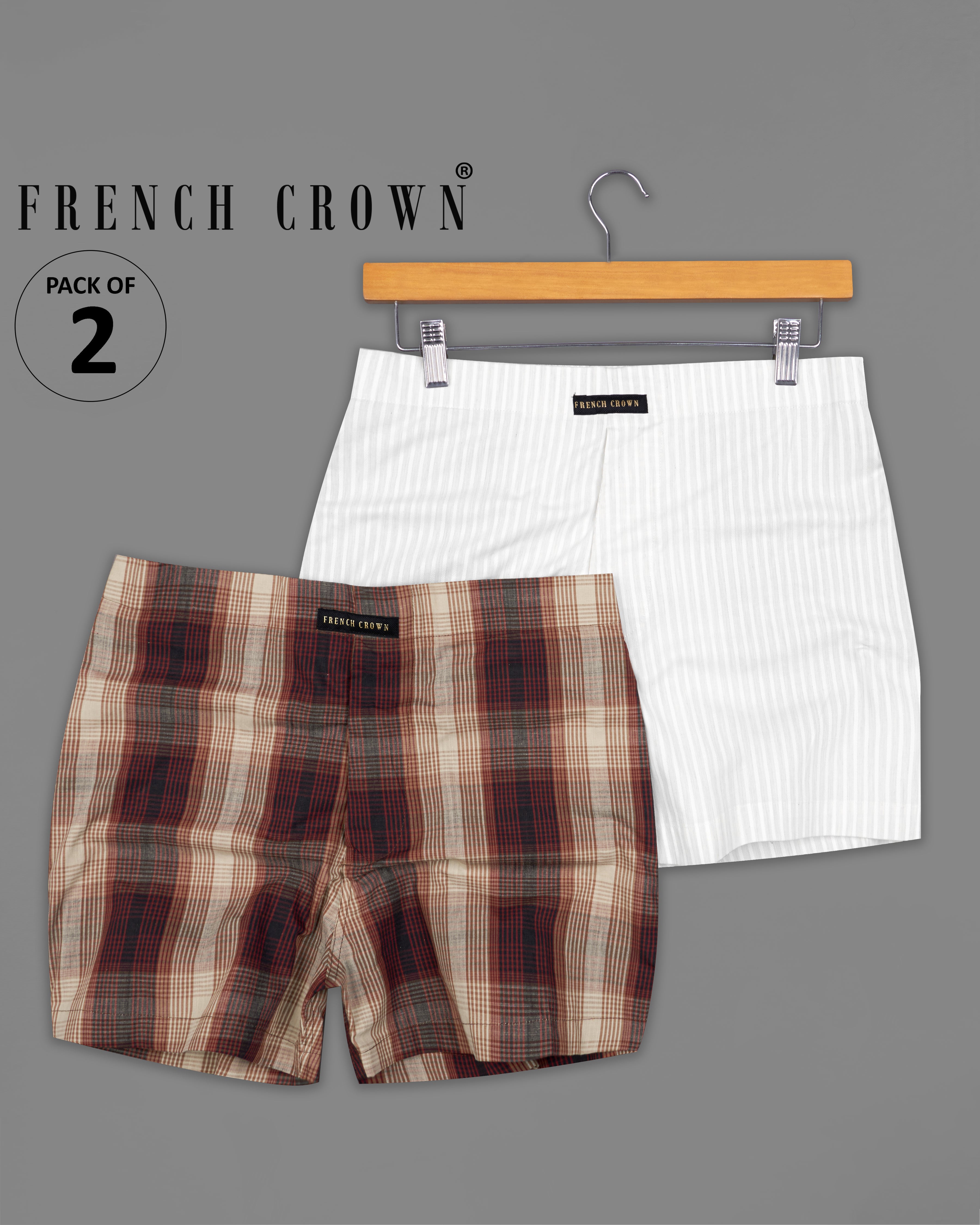 Bright White Striped Dobby Boxers and Heavy Metal Brown and Pale Carmine Red Premium Cotton Boxers Combo