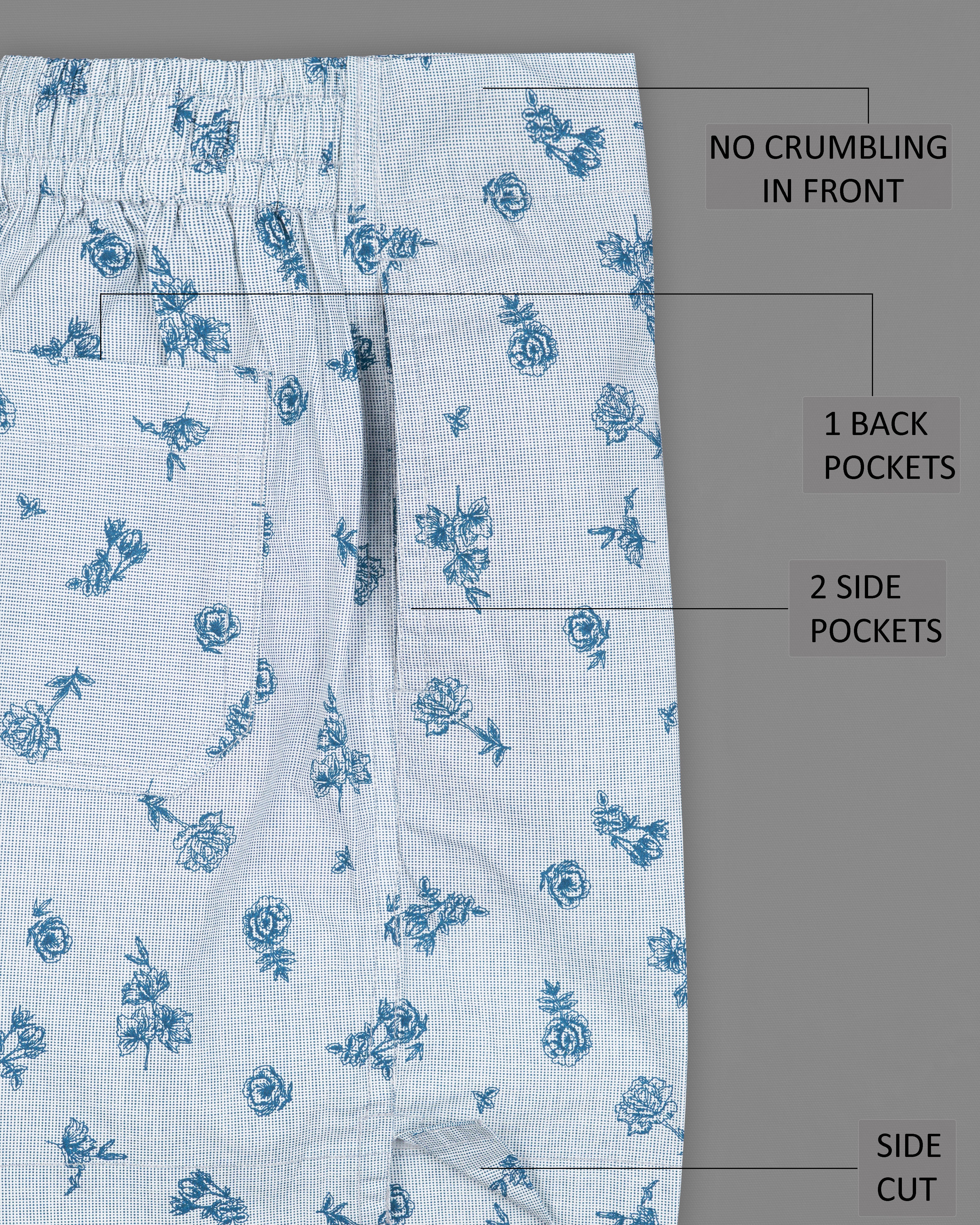 Spring Rain Gray Dobby textured And Bright White with Denim Blue Rose Printed Premium Cotton Boxers BX504-BX429-28, BX504-BX429-30, BX504-BX429-32, BX504-BX429-34, BX504-BX429-36, BX504-BX429-38, BX504-BX429-40, BX504-BX429-42, BX504-BX429-44