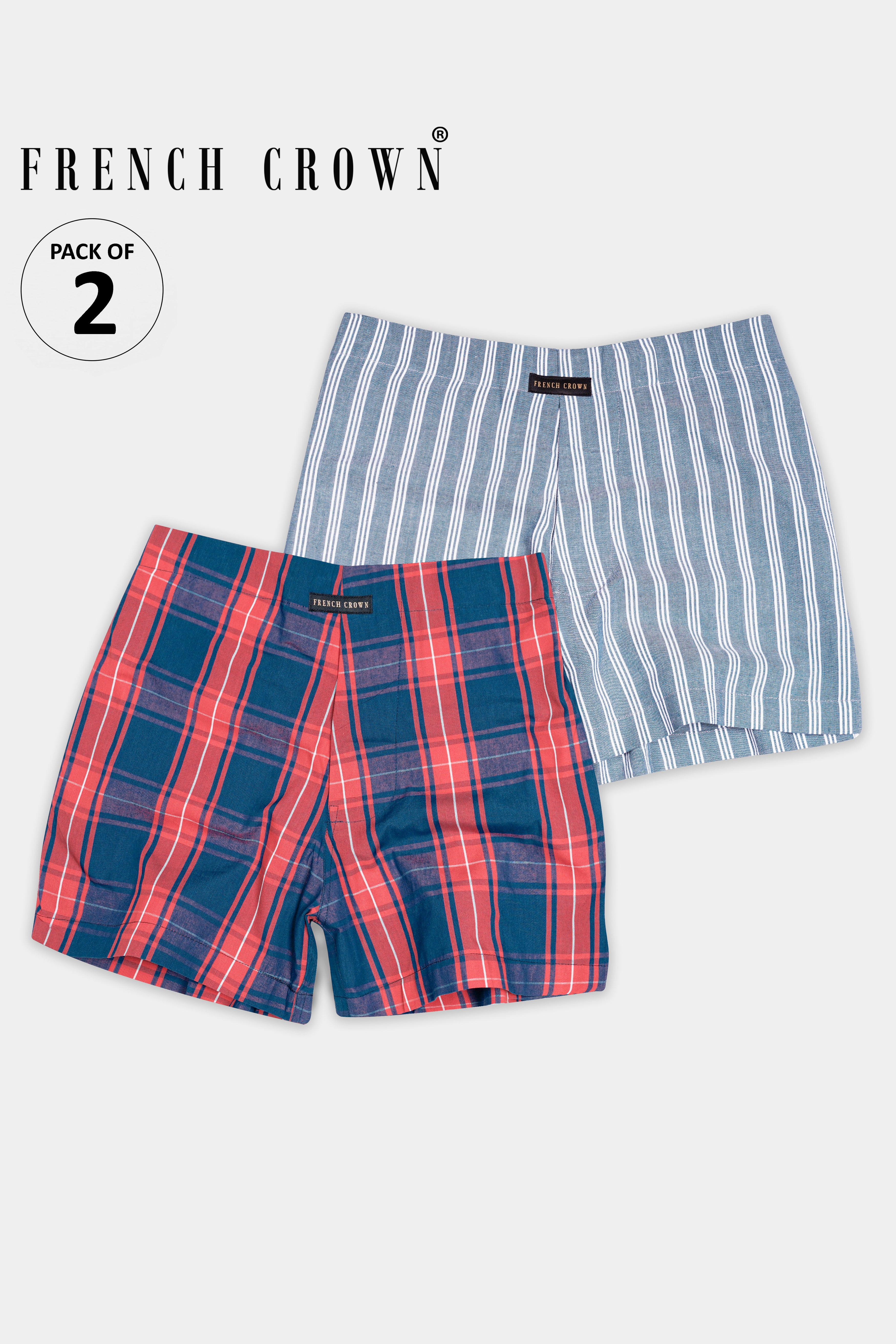 Cadet Blue With White Striped Royal Oxford and Chathams Blue with Airbnb Red Checkered Premium Cotton Boxers BX516-BX551-28, BX516-BX551-30, BX516-BX551-32, BX516-BX551-34, BX516-BX551-36, BX516-BX551-38, BX516-BX551-40, BX516-BX551-42, BX516-BX551-44