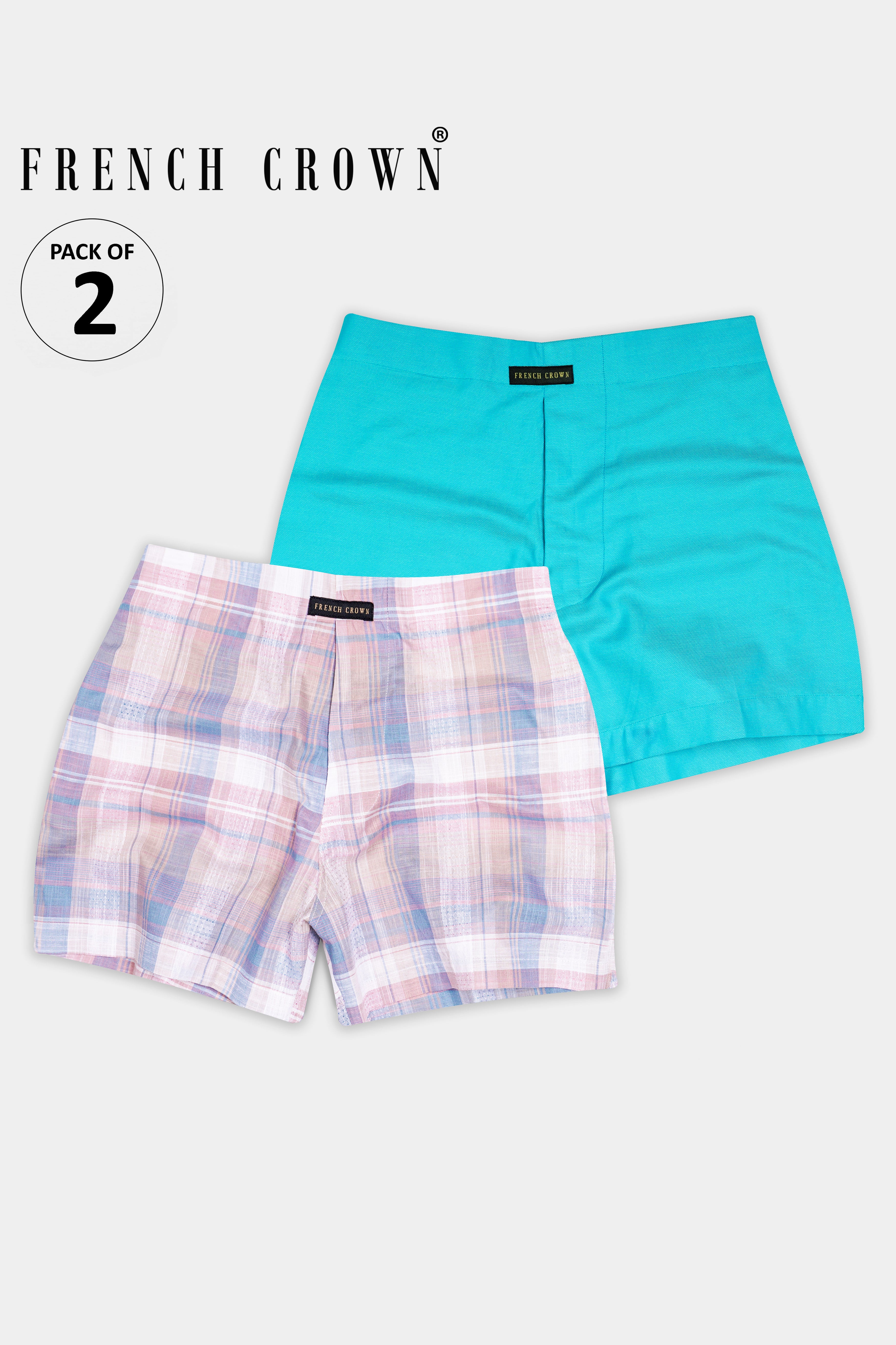 Cerulean Blue and Blossom Peach with Periwinkle Blue Checkered Dobby Textured Premium Giza Cotton Boxers