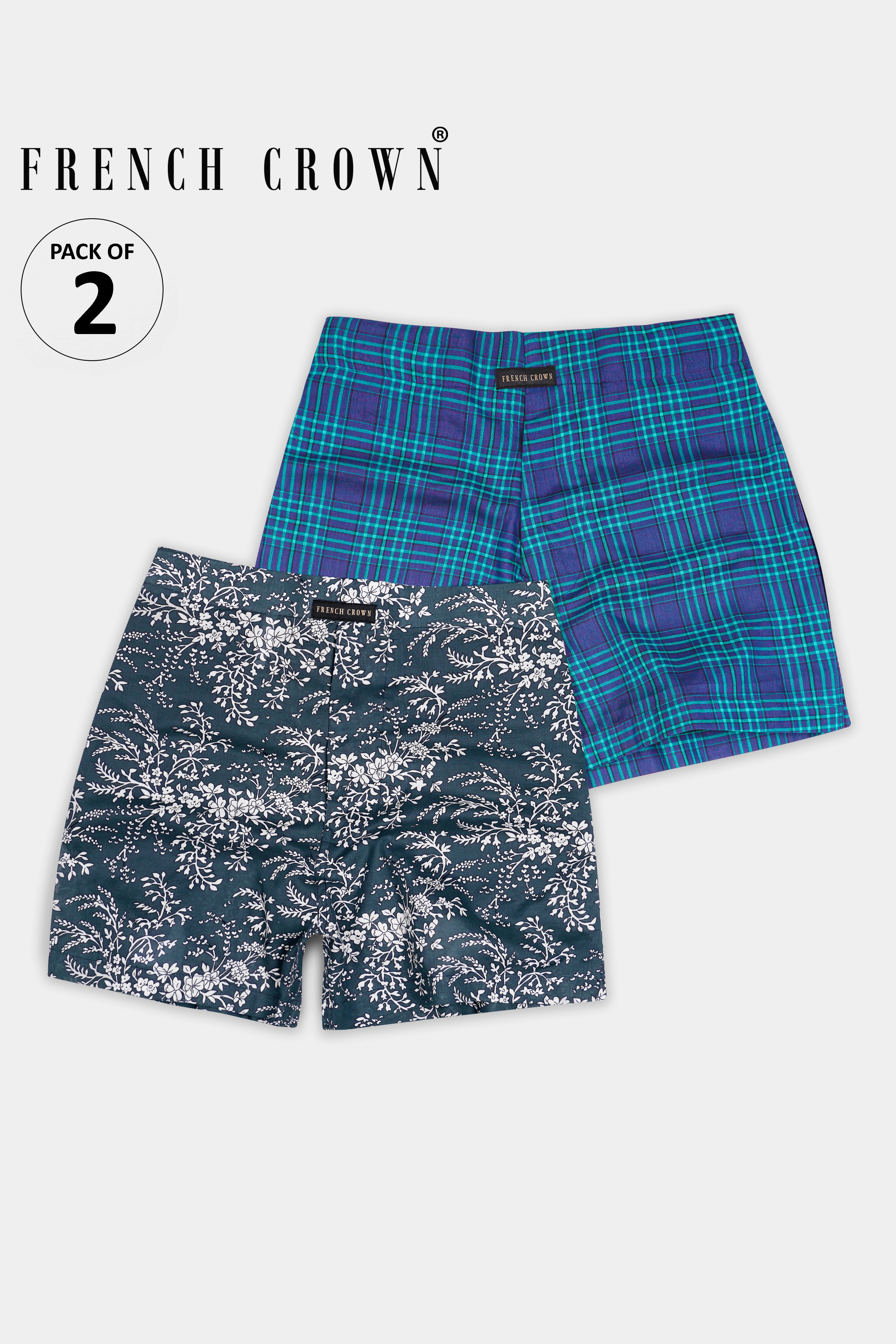 Meteorite Blue with Surfie Green Plaid and Limed Spruce Blue Ditsy Printed Premium Cotton Boxers BX525-BX534-28, BX525-BX534-30, BX525-BX534-32, BX525-BX534-34, BX525-BX534-36, BX525-BX534-38, BX525-BX534-40, BX525-BX534-42, BX525-BX534-44