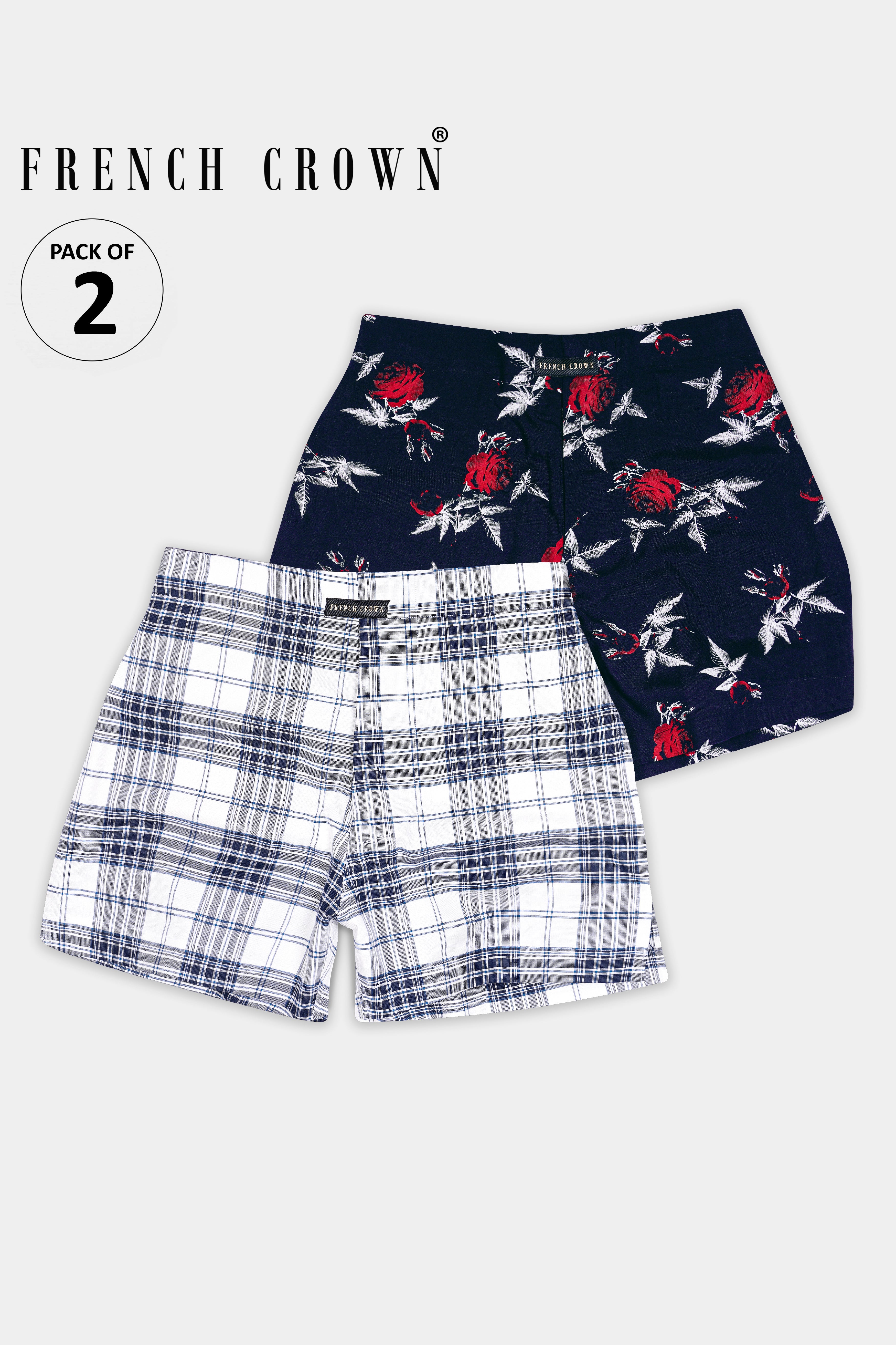 Haiti Blue With Stiletto Red Rose Printed Premium Tencel and Bright White with Twilight Blue Plaid Royal Oxford Boxers BX529-BX566-28, BX529-BX566-30, BX529-BX566-32, BX529-BX566-34, BX529-BX566-36, BX529-BX566-38, BX529-BX566-40, BX529-BX566-42, BX529-BX566-44