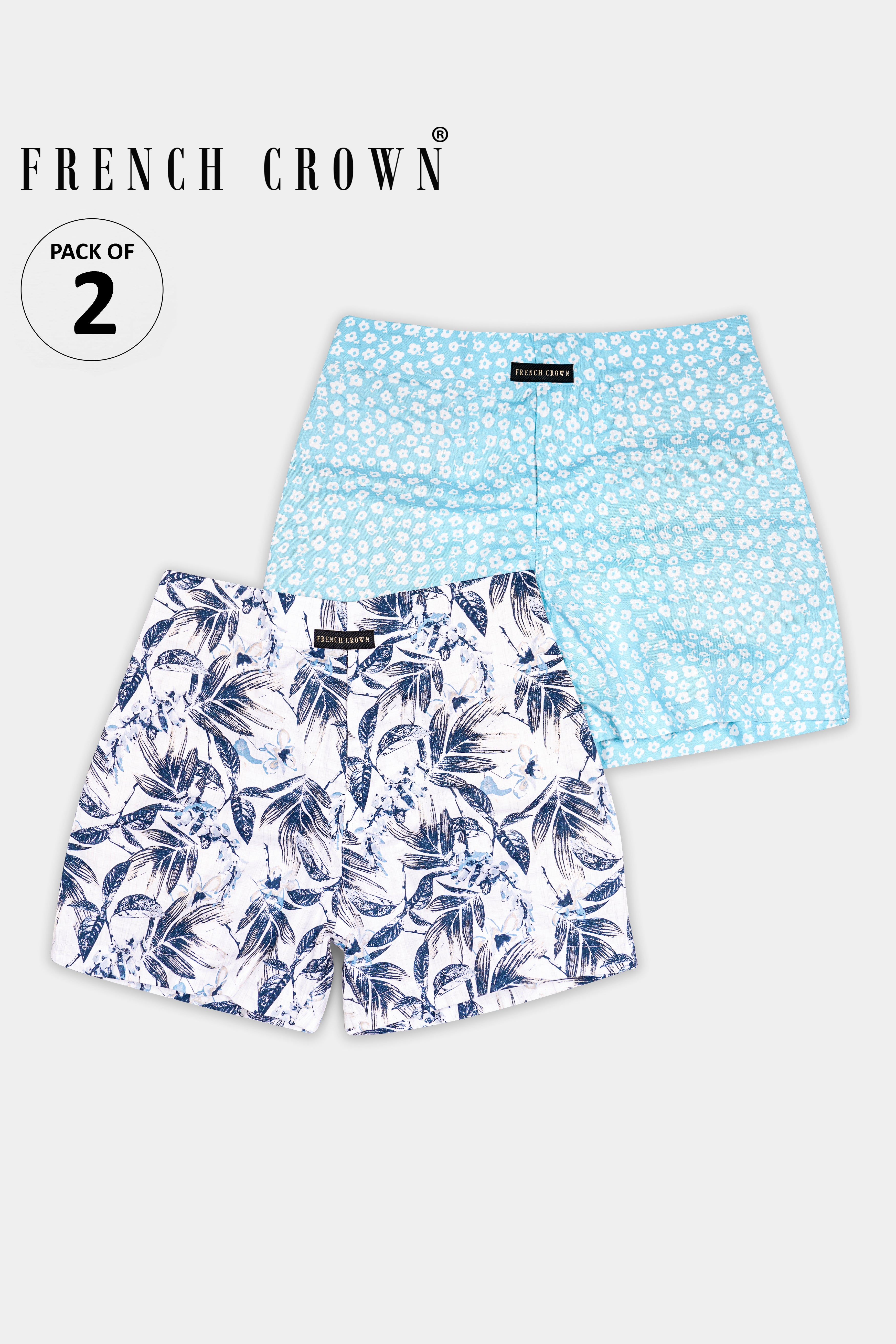 Glacier Blue With White Ditsy Printed Premium Tencel and Bright White with Rhino Blue Leaves Printed Dobby Textured Giza Cotton Boxers BX547-BX550-28, BX547-BX550-30, BX547-BX550-32, BX547-BX550-34, BX547-BX550-36, BX547-BX550-38, BX547-BX550-40, BX547-BX550-42, BX547-BX550-44