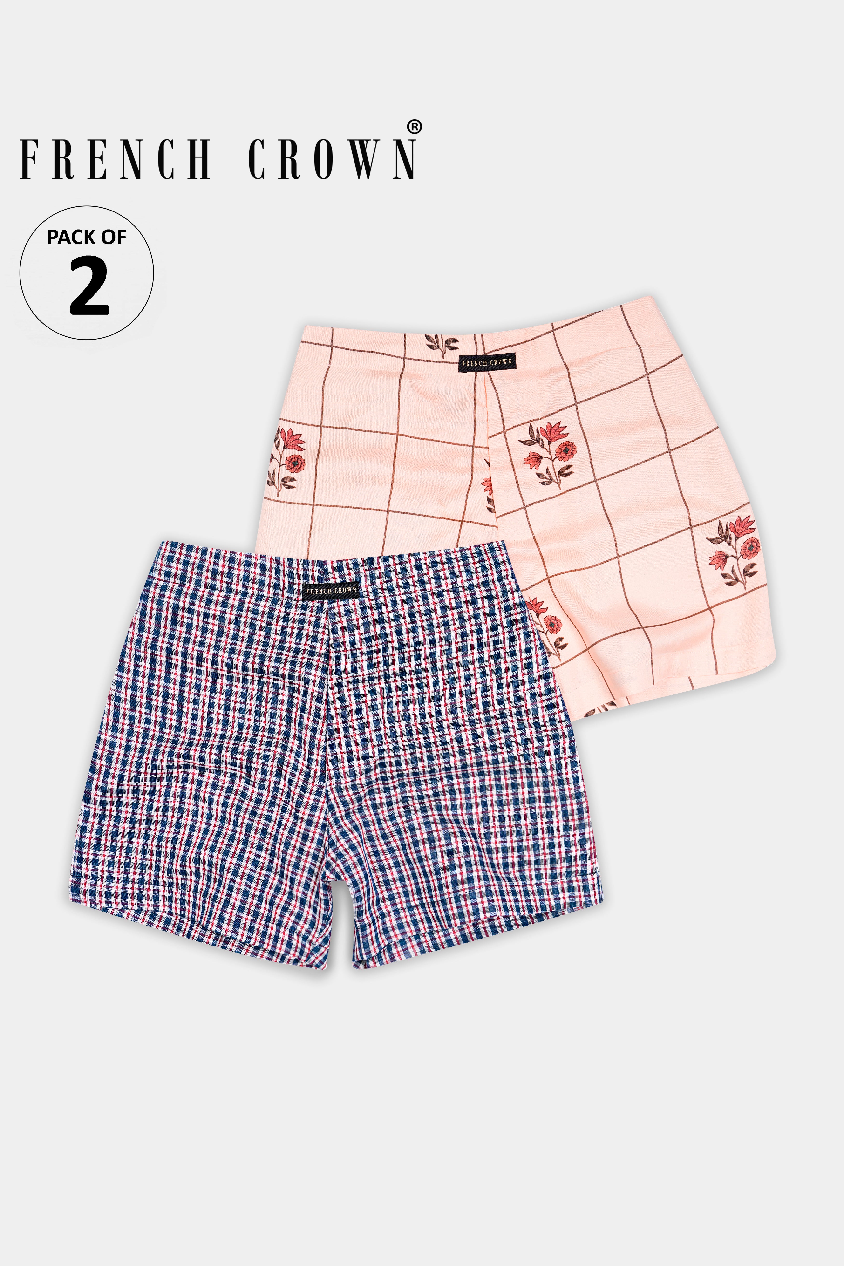 Rose Bud Peach Windowpane with Floral Pritned Premium Tencel and Nile Blue with Stiletto Red Checkered Royal Oxford Boxers BX554-BX524-28, BX554-BX524-30, BX554-BX524-32, BX554-BX524-34, BX554-BX524-36, BX554-BX524-38, BX554-BX524-40, BX554-BX524-42, BX554-BX524-44