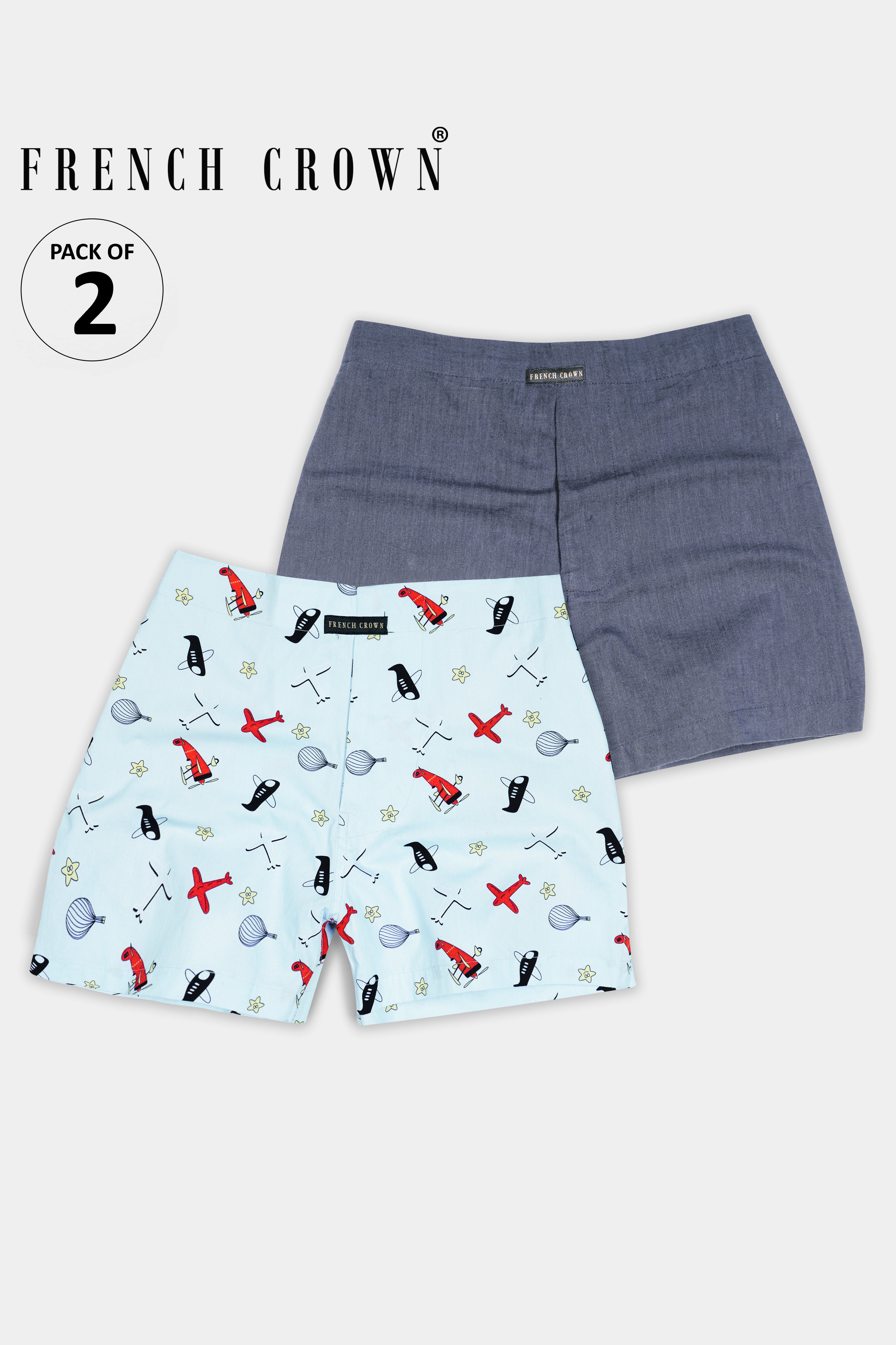 River Bed Gray Denim and Geyser Blue With Mandy Red Airplane Printed Premium Cotton Boxers BX555-BX553-28, BX555-BX553-30, BX555-BX553-32, BX555-BX553-34, BX555-BX553-36, BX555-BX553-38, BX555-BX553-40, BX555-BX553-42, BX555-BX553-44