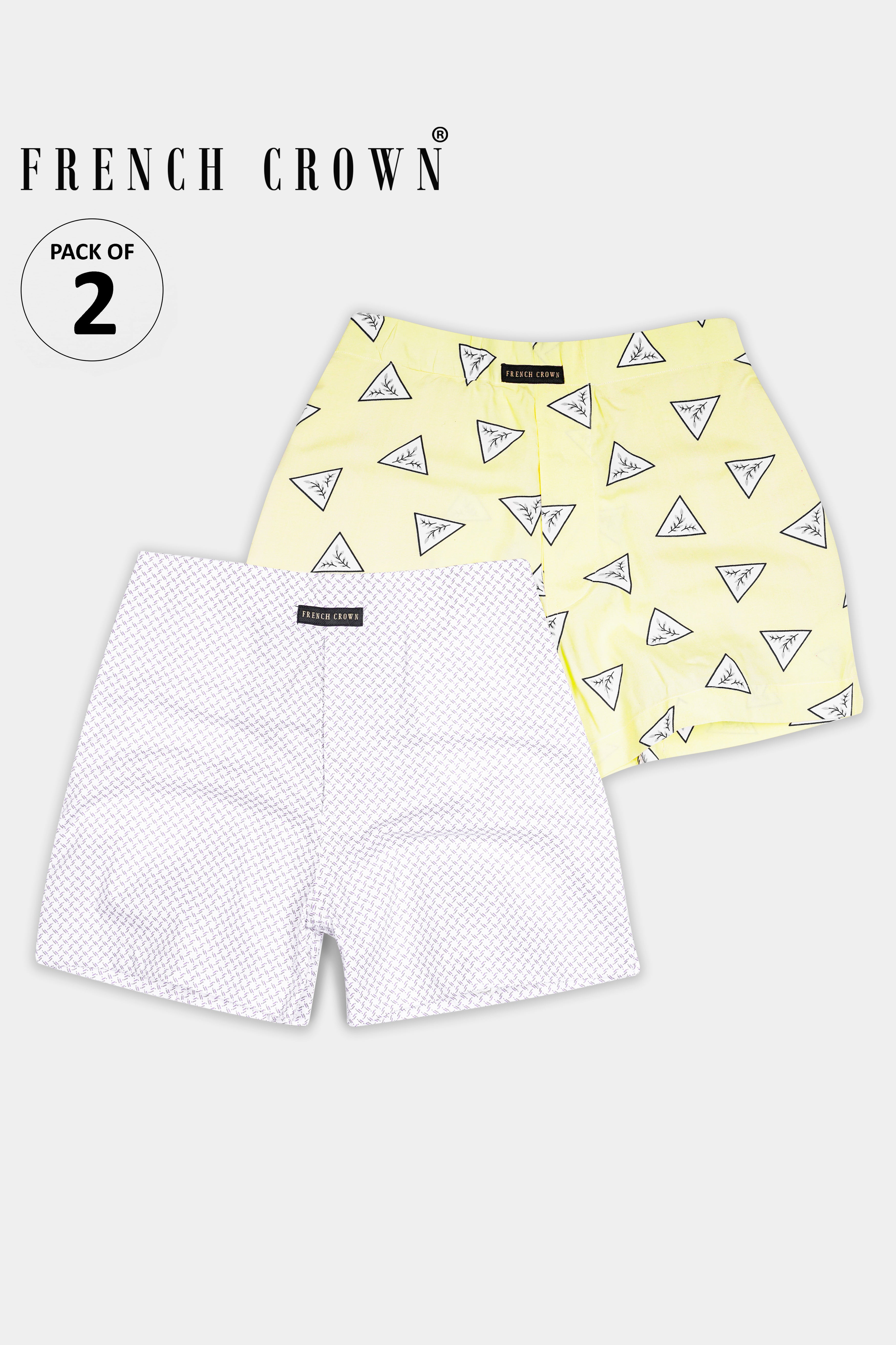Astra Yellow Triangle Printed and Bright White With Comet Brown Printed Premium Cotton Boxers BX556-BX565-28, BX556-BX565-30, BX556-BX565-32, BX556-BX565-34, BX556-BX565-36, BX556-BX565-38, BX556-BX565-40, BX556-BX565-42, BX556-BX565-44