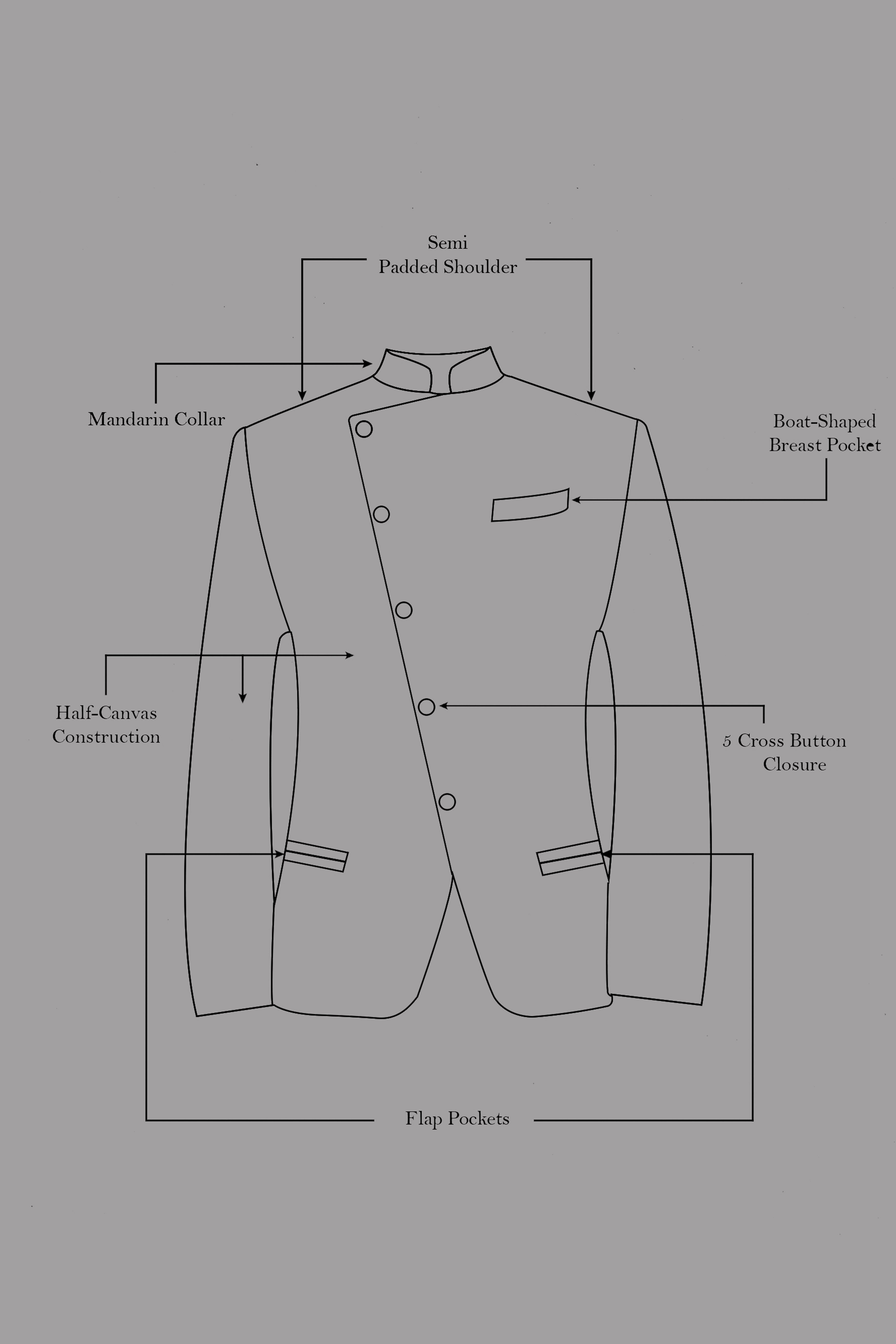 Noir-Jade Black Pencil Striped Wool Rich Slight Stretch Cross Placket Bandhgala Suit