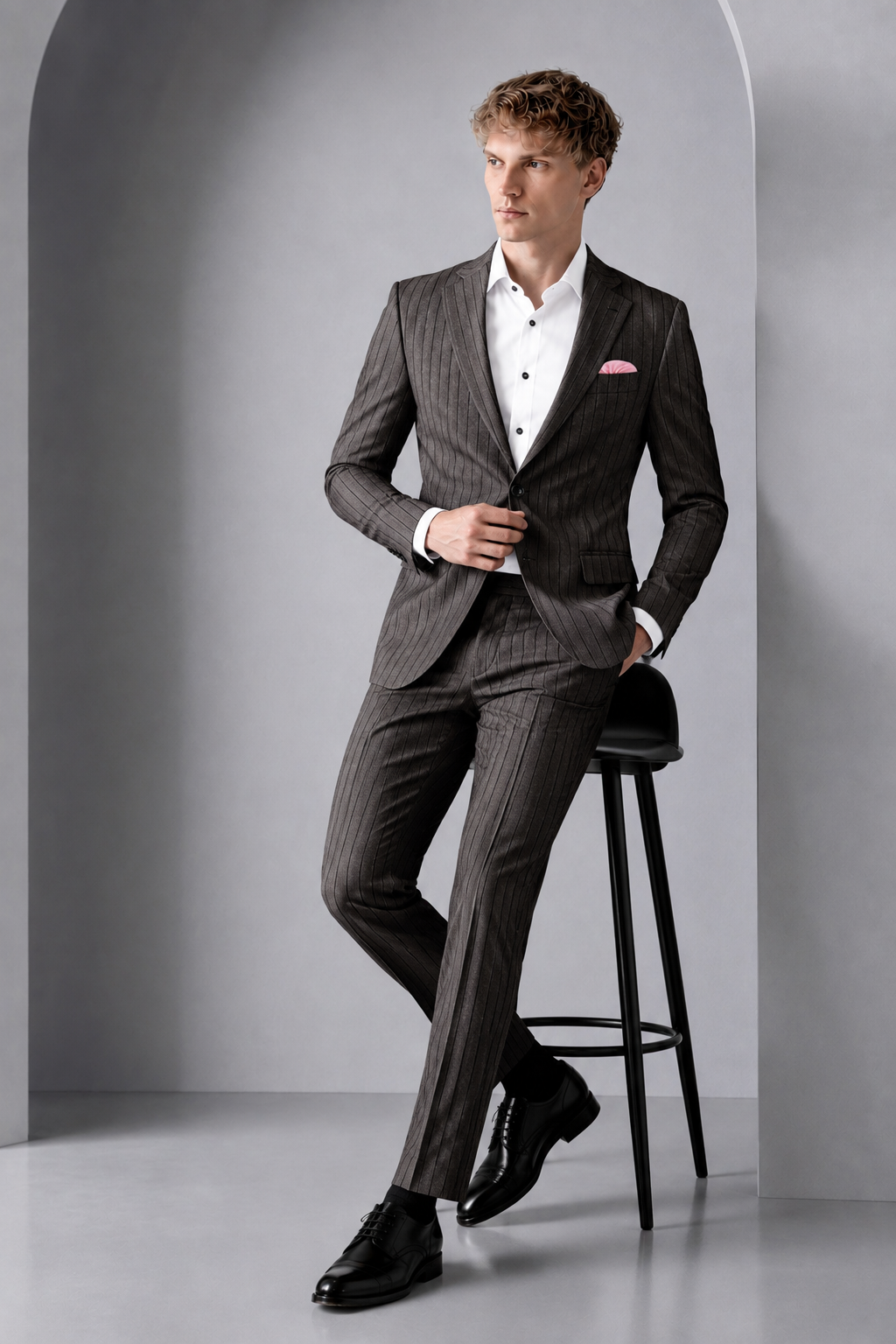 Heritage-Iridium Brown And Bright White Chalk Striped Wool Rich Slight Stretch Single Breasted Suit