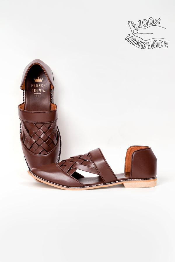 Brown Classic Criss Cross Strapped Vegan Leather Hand Stitched Pathani Sandal