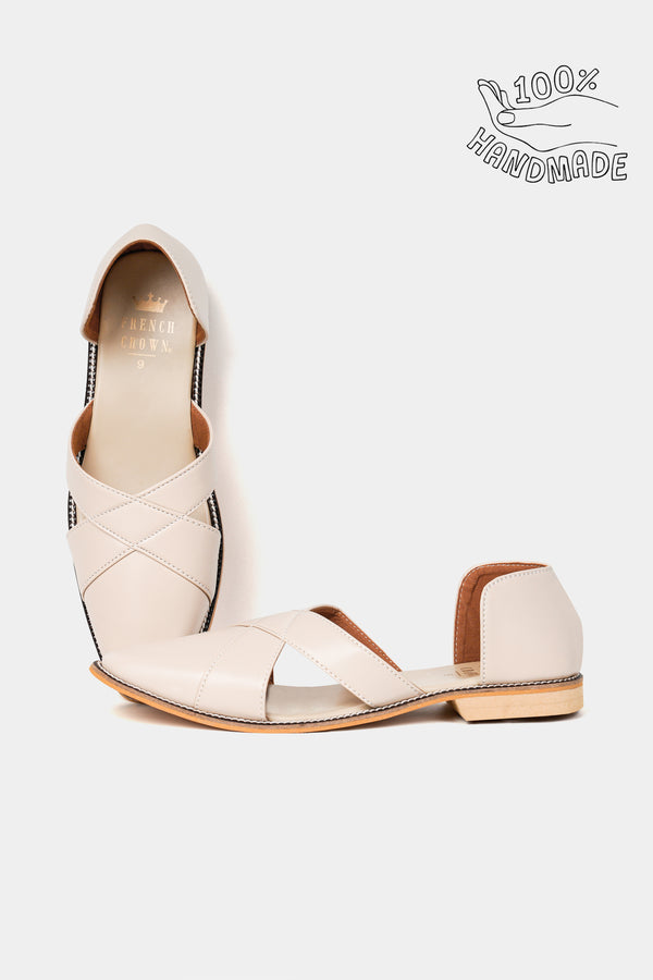 Cream Classic Criss Cross Strapped Vegan Leather Hand Stitched Pathani Sandal