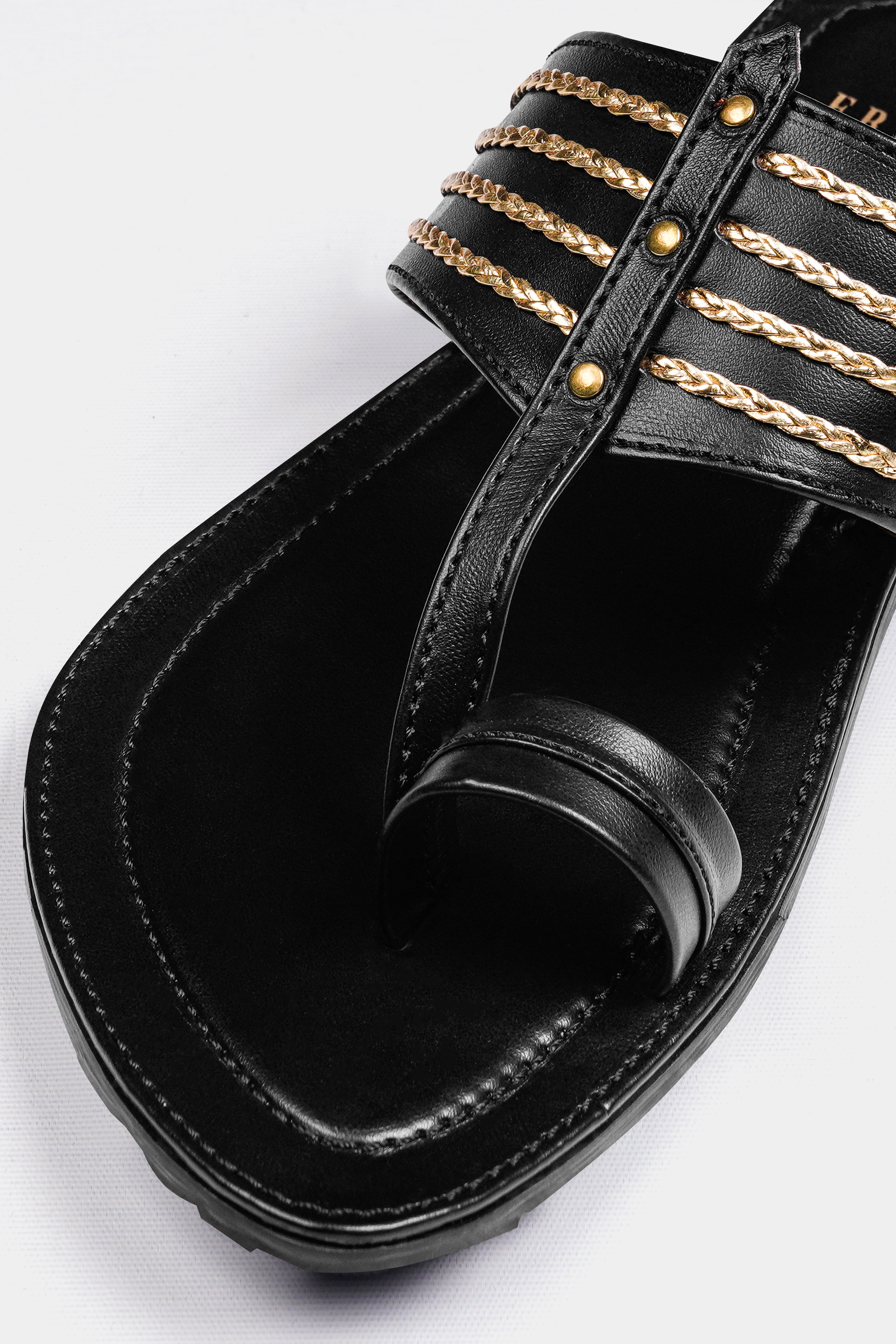 Jade Black with Golden Stitched Vegan Leather Kolhapuri Sandal FT152-6, FT152-7, FT152-8, FT152-9, FT152-10, FT152-11