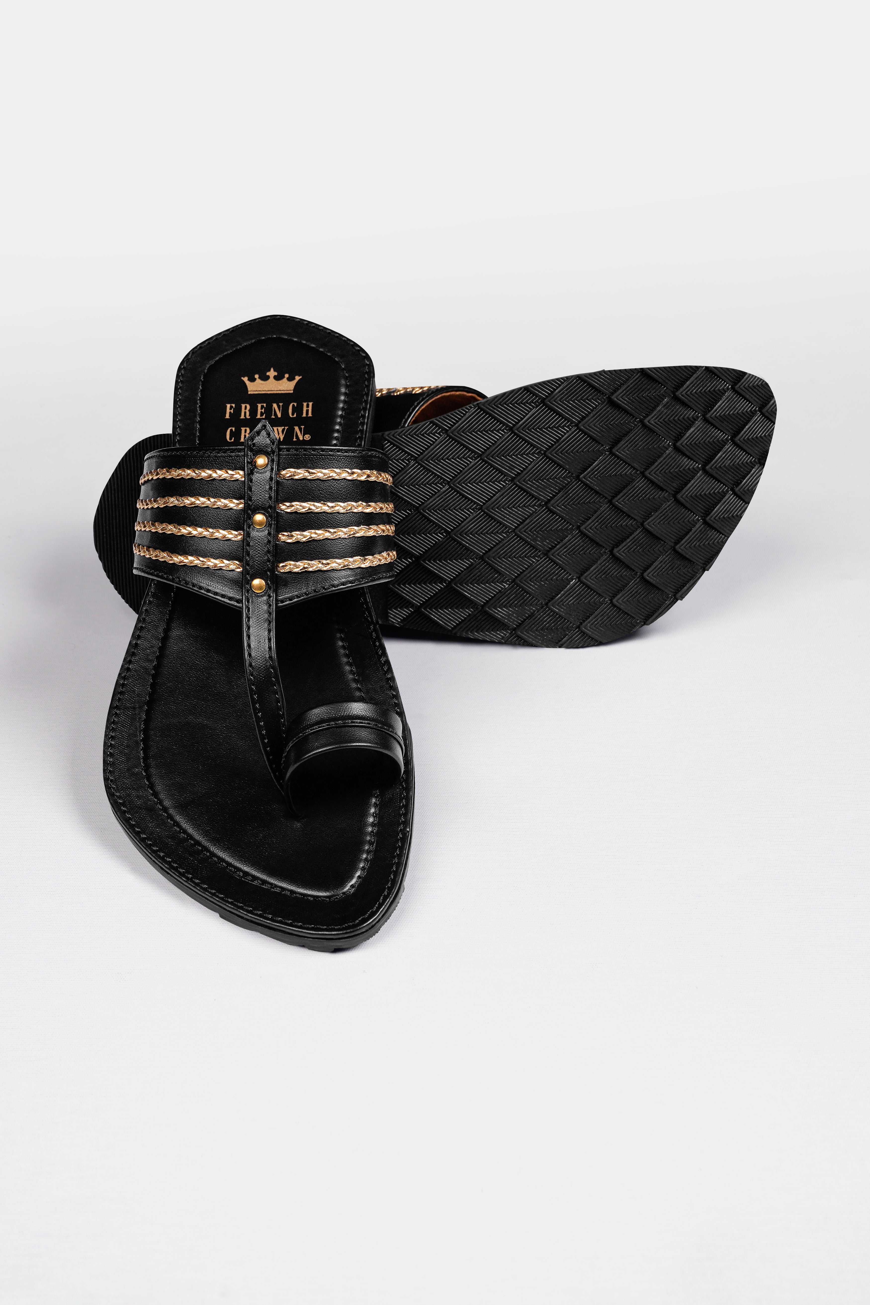 Jade Black with Golden Stitched Vegan Leather Kolhapuri Sandal FT152-6, FT152-7, FT152-8, FT152-9, FT152-10, FT152-11