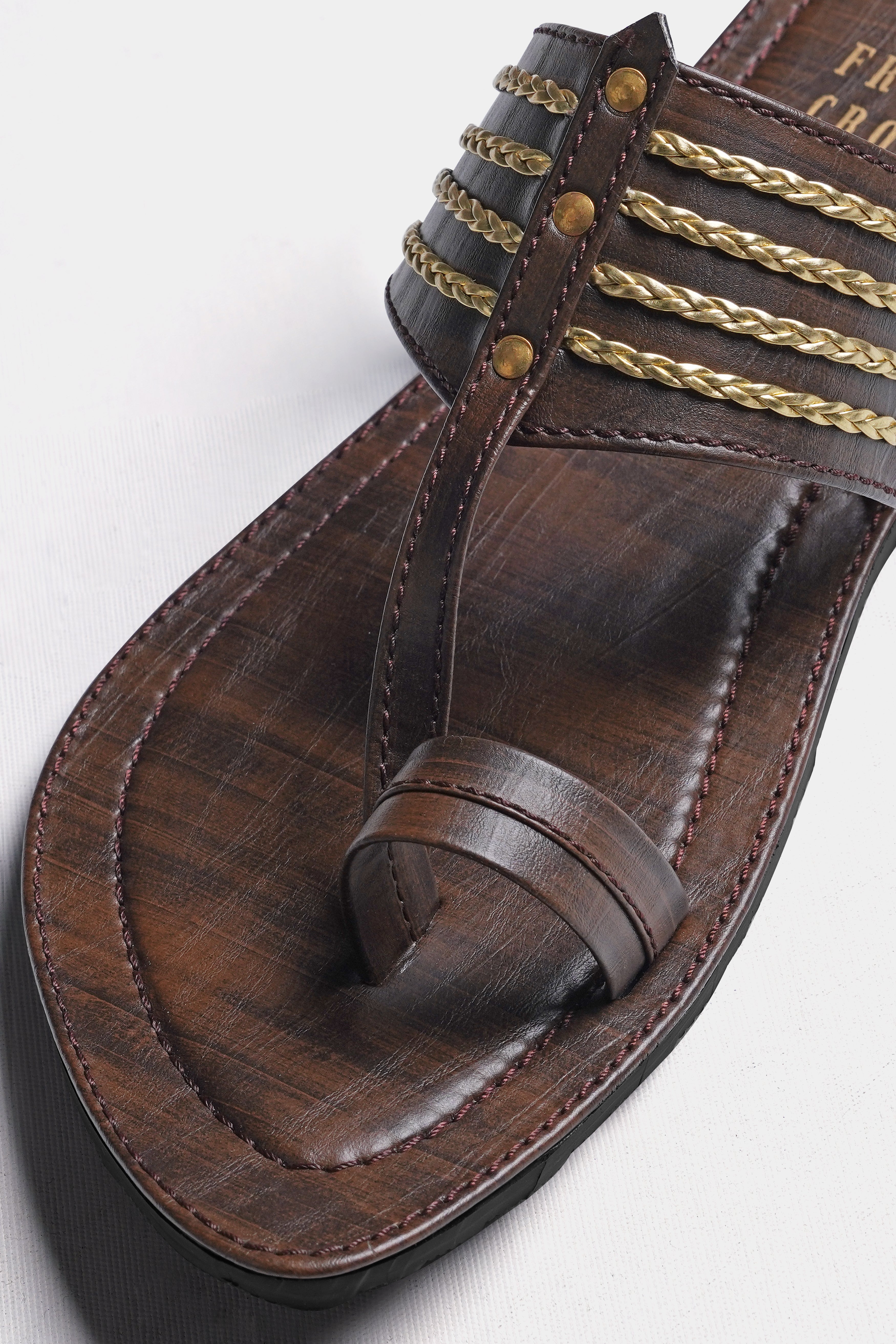Wood Brown with Golden Stitched Vegan Leather Kolhapuri Sandal FT157-6, FT157-7, FT157-8, FT157-9, FT157-10, FT157-11