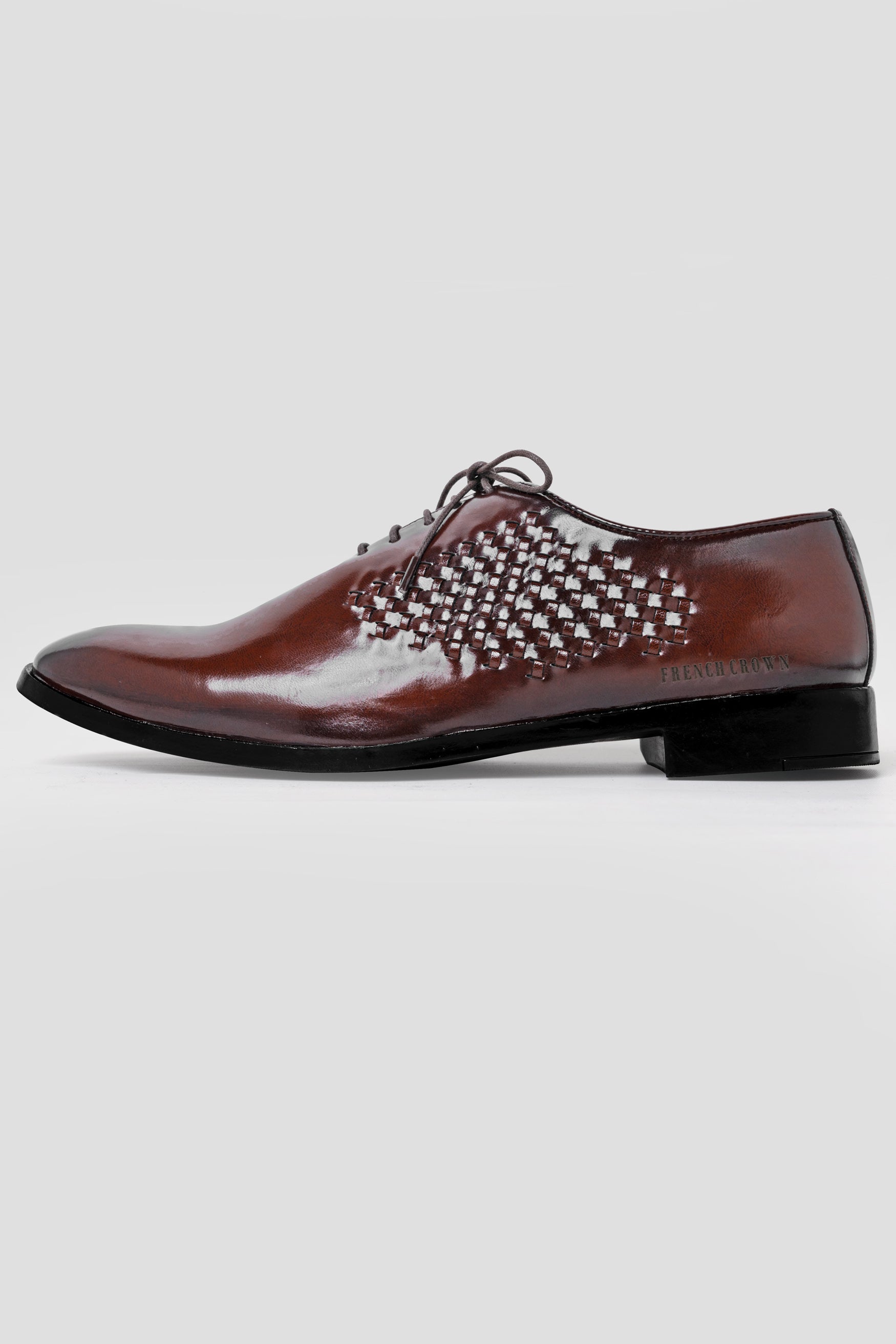 Brown Embossed Weave Vegan Leather Oxford Shoes