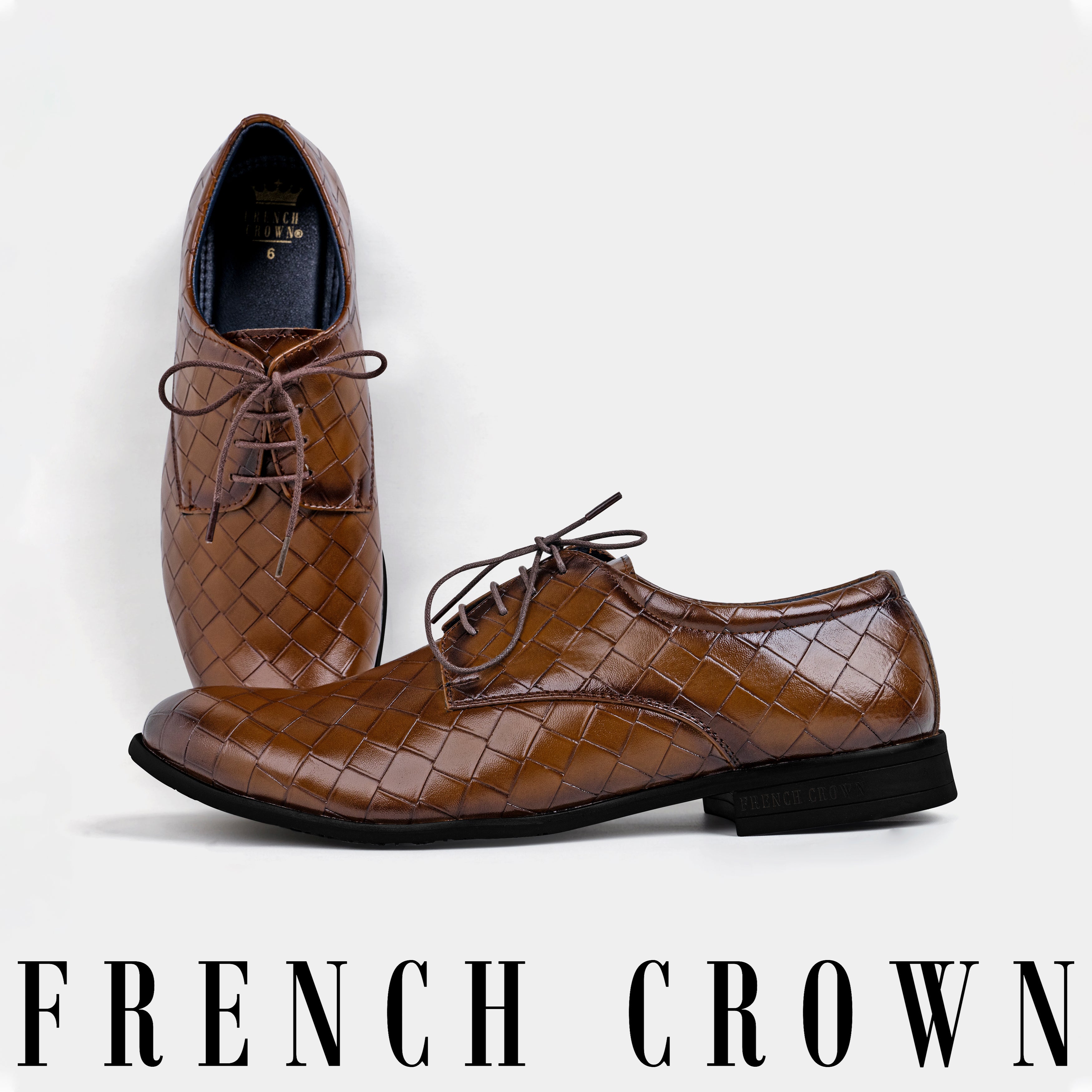 Walnut Brown Weave Textured Vegan Leather Premium Derby Shoes for Men