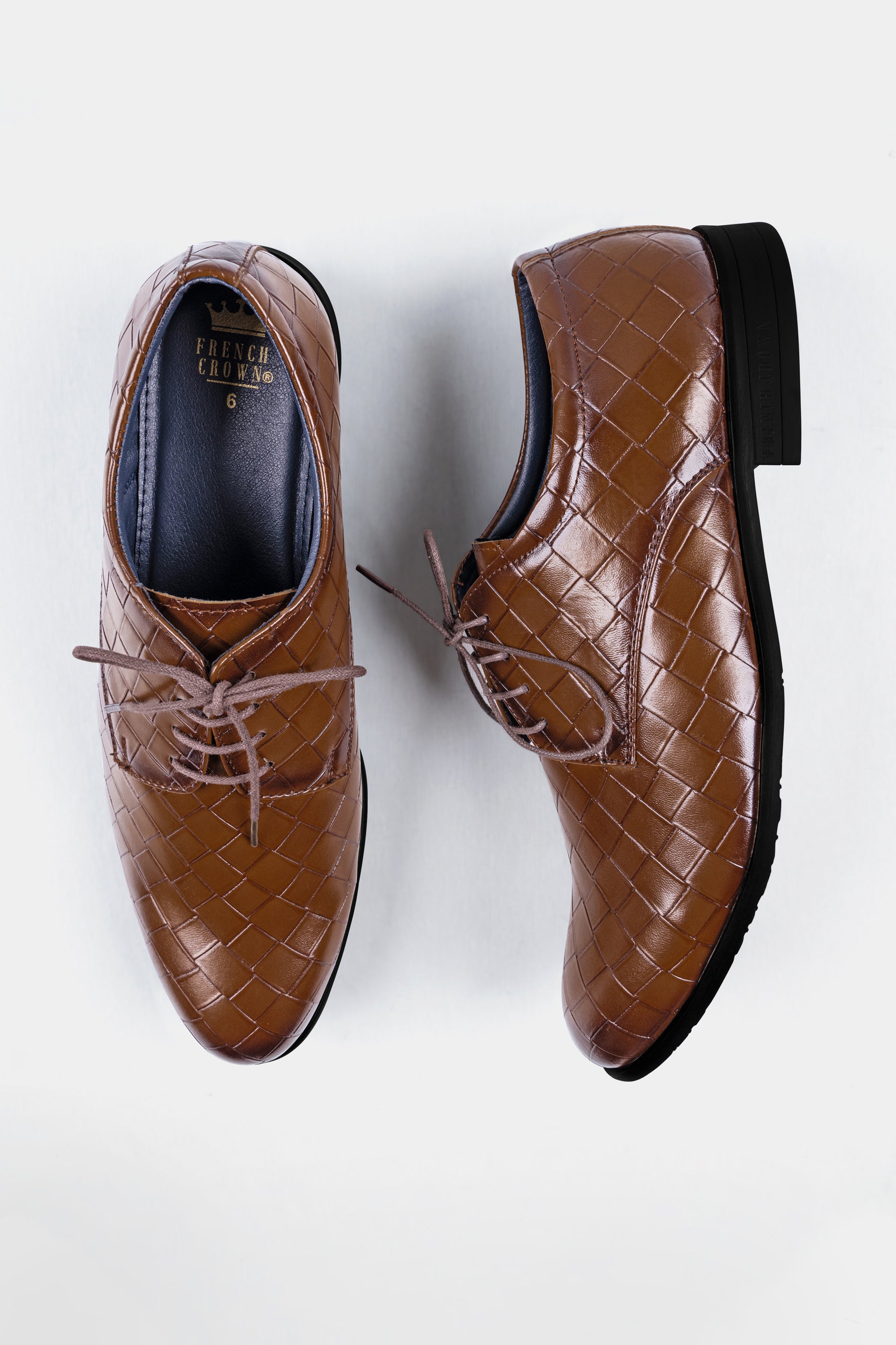 Walnut Brown Weave Textured Vegan Leather Derby Shoes