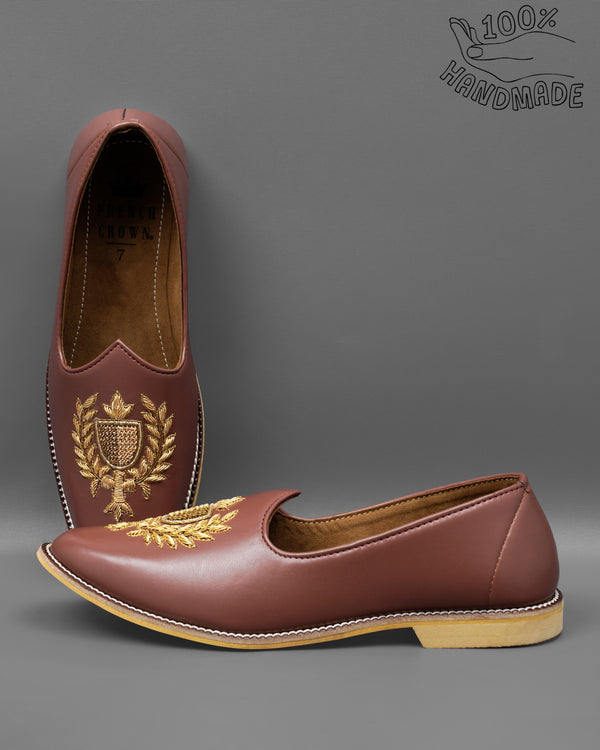 Dark Brown Golden Zardosi Vegan Leather Hand stitched Jutis