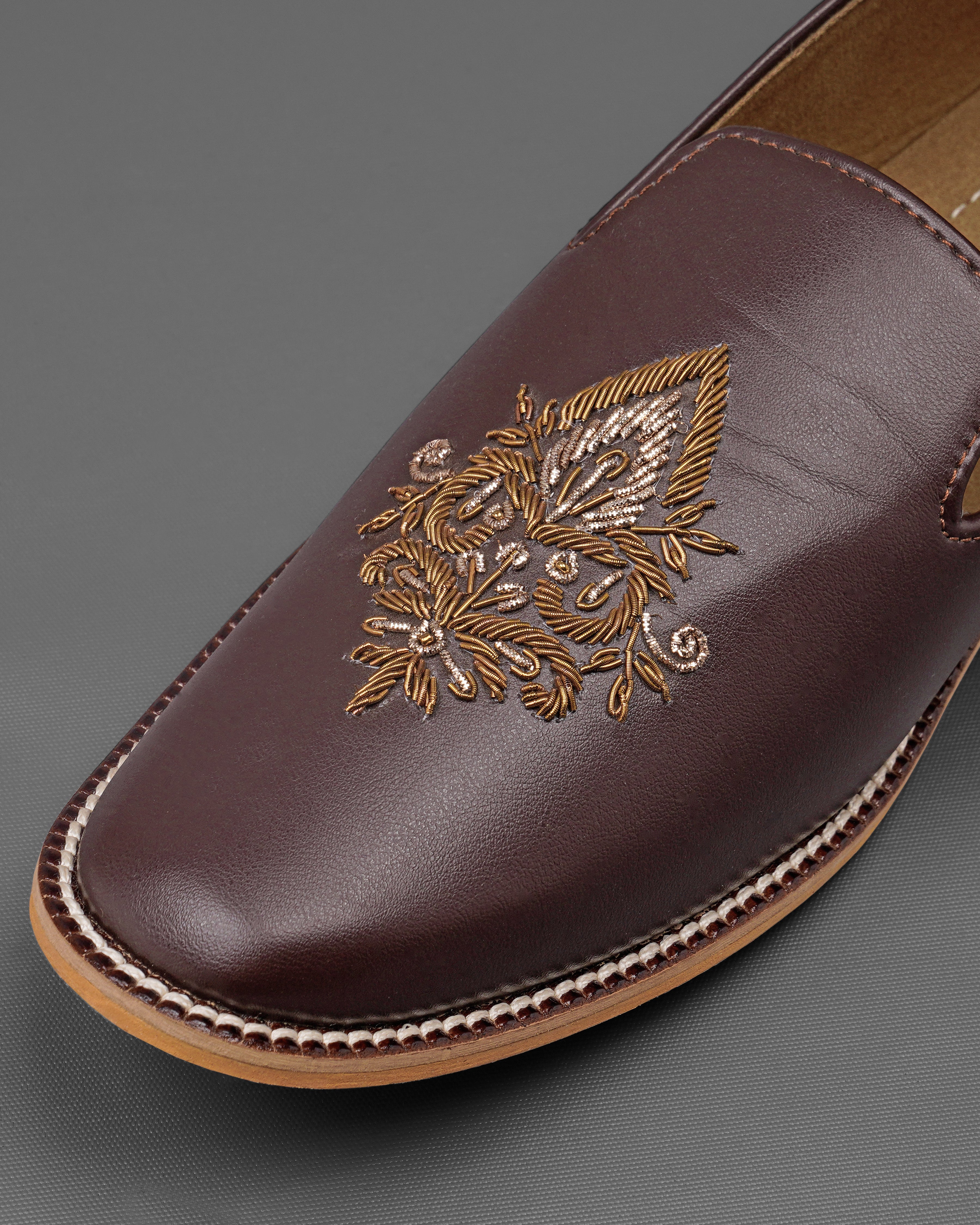 Dark Brown Golden Zardosi Vegan Leather Hand stitched Slip-On Shoes FT091-6, FT091-7, FT091-8, FT091-9, FT091-10, FT091-11