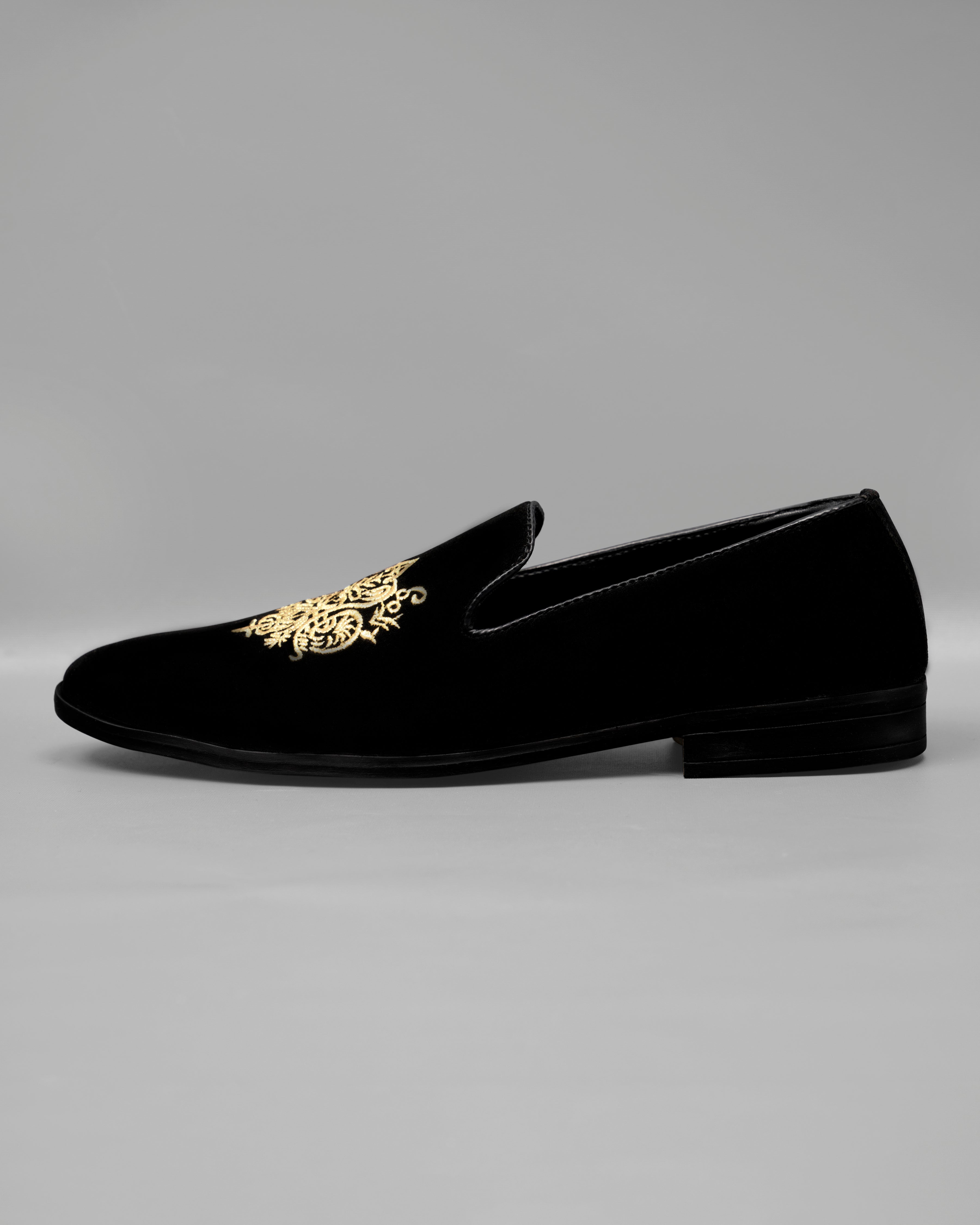Jade Black Velvet Embroidered Hand stitched Slip-On Shoes FT104-6, FT104-7, FT104-8, FT104-9, FT104-10, FT104-11