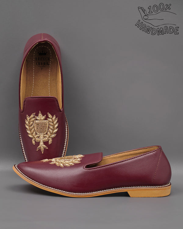 Maroon Golden Zardosi Vegan Leather Hand stitched Slip-On Shoes