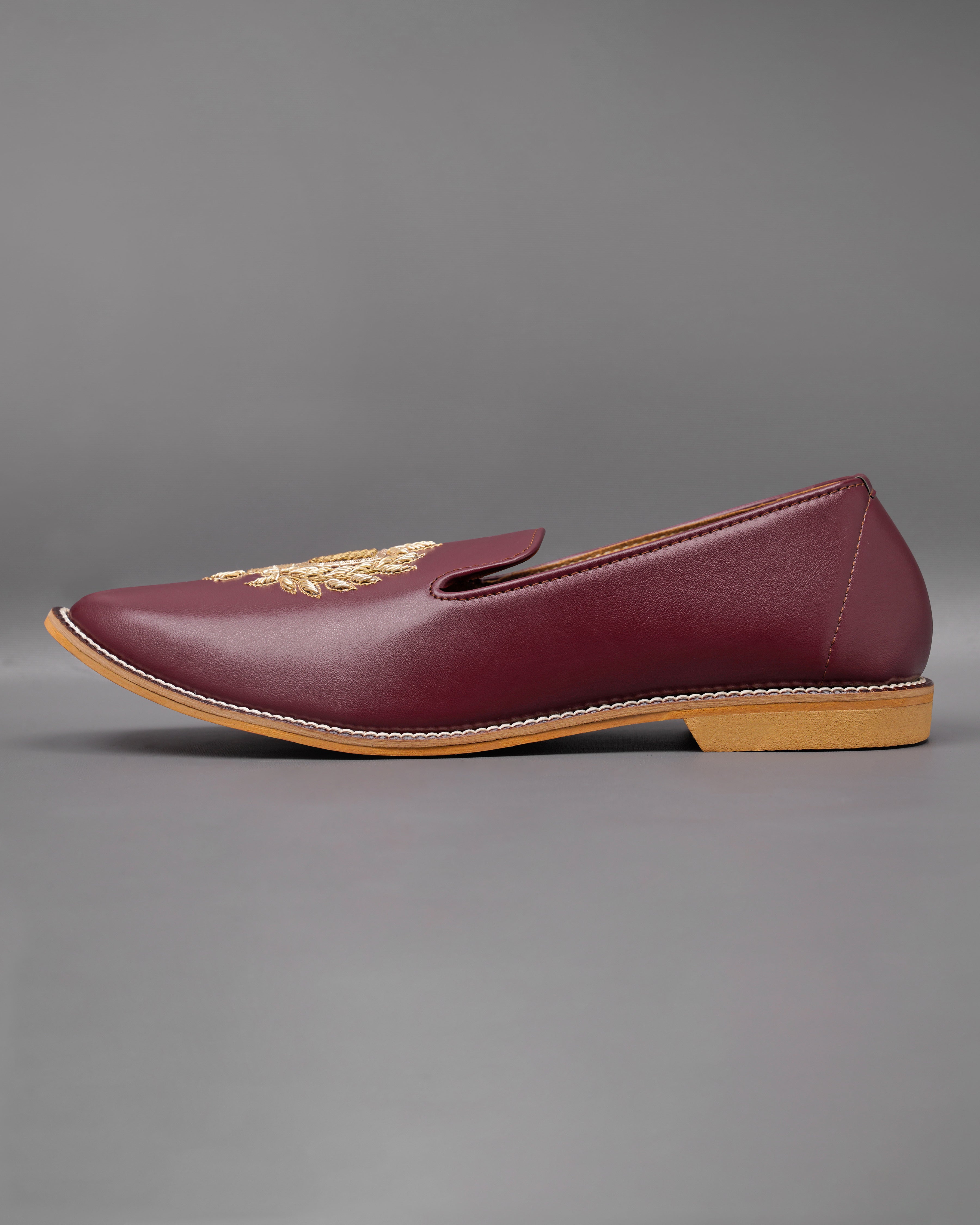 Maroon Golden Zardosi Vegan Leather Hand stitched Slip-On Shoes FT107-6, FT107-7, FT107-8, FT107-9, FT107-10, FT107-11