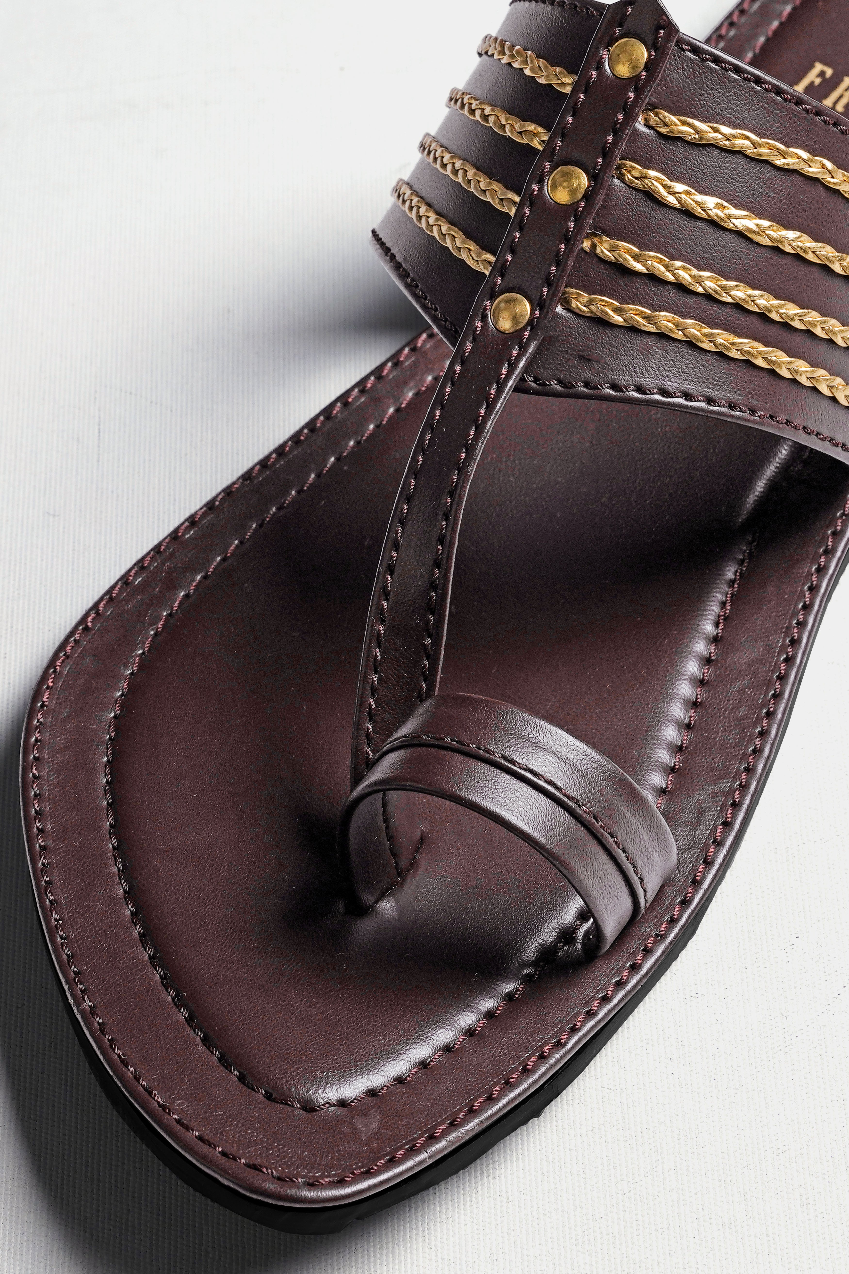 Dark Brown with Golden Stitched Vegan Leather Kolhapuri Sandal FT155-6, FT155-7, FT155-8, FT155-9, FT155-10, FT155-11
