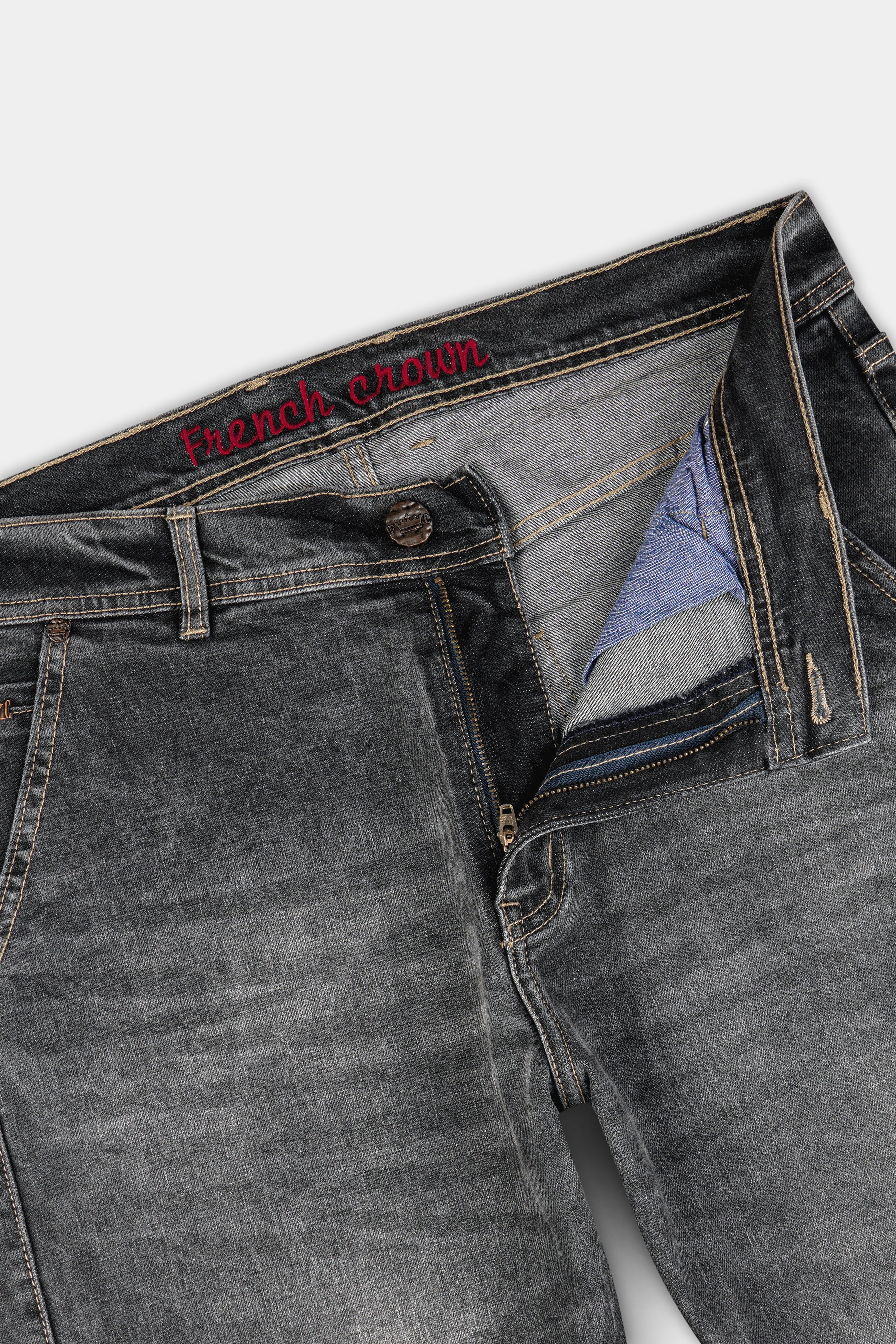 Gravel Gray with Designer Patch Work Whiskering Stretchable Denim