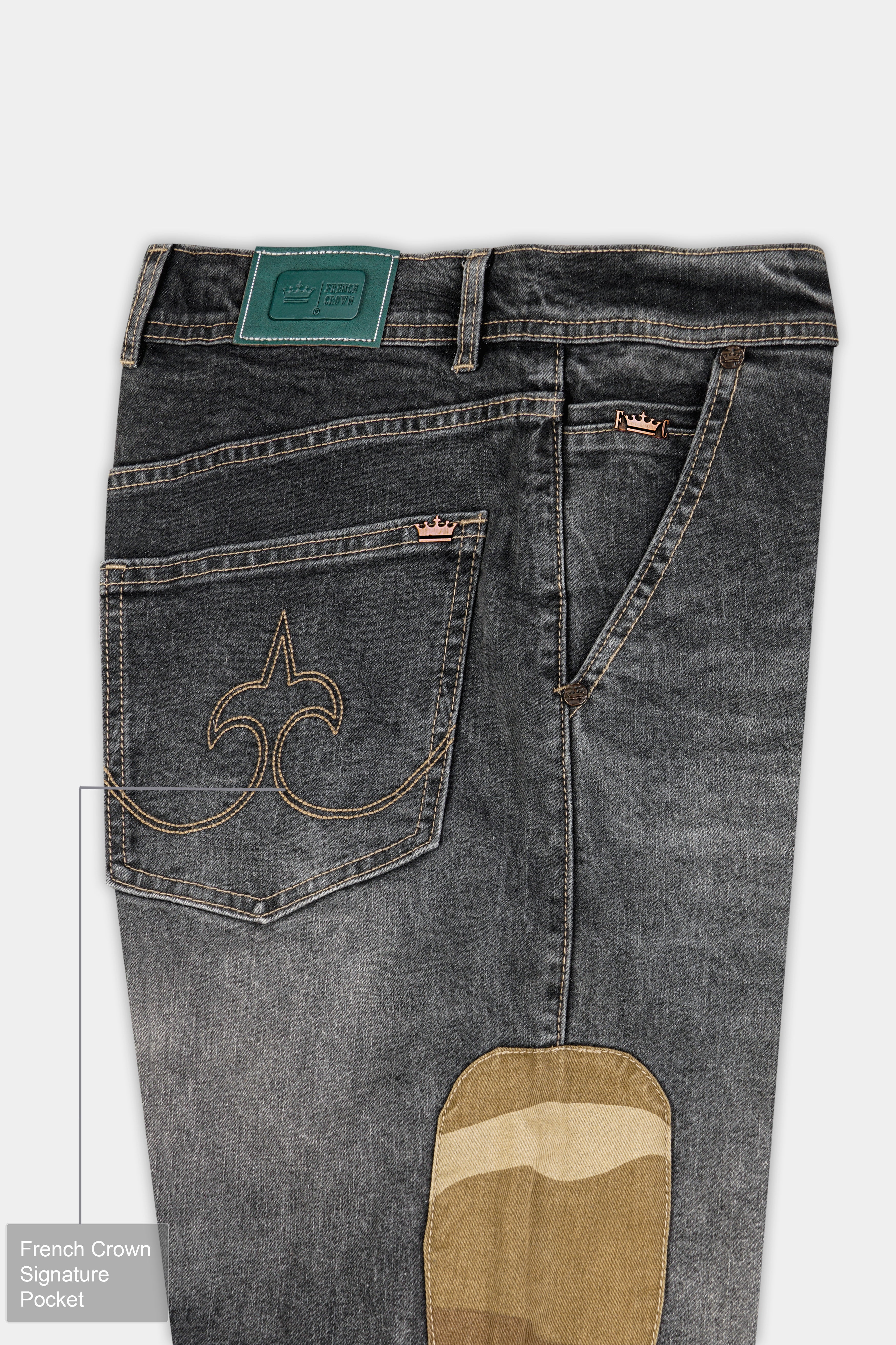 Gravel Gray with Designer Patch Work Whiskering Stretchable Denim