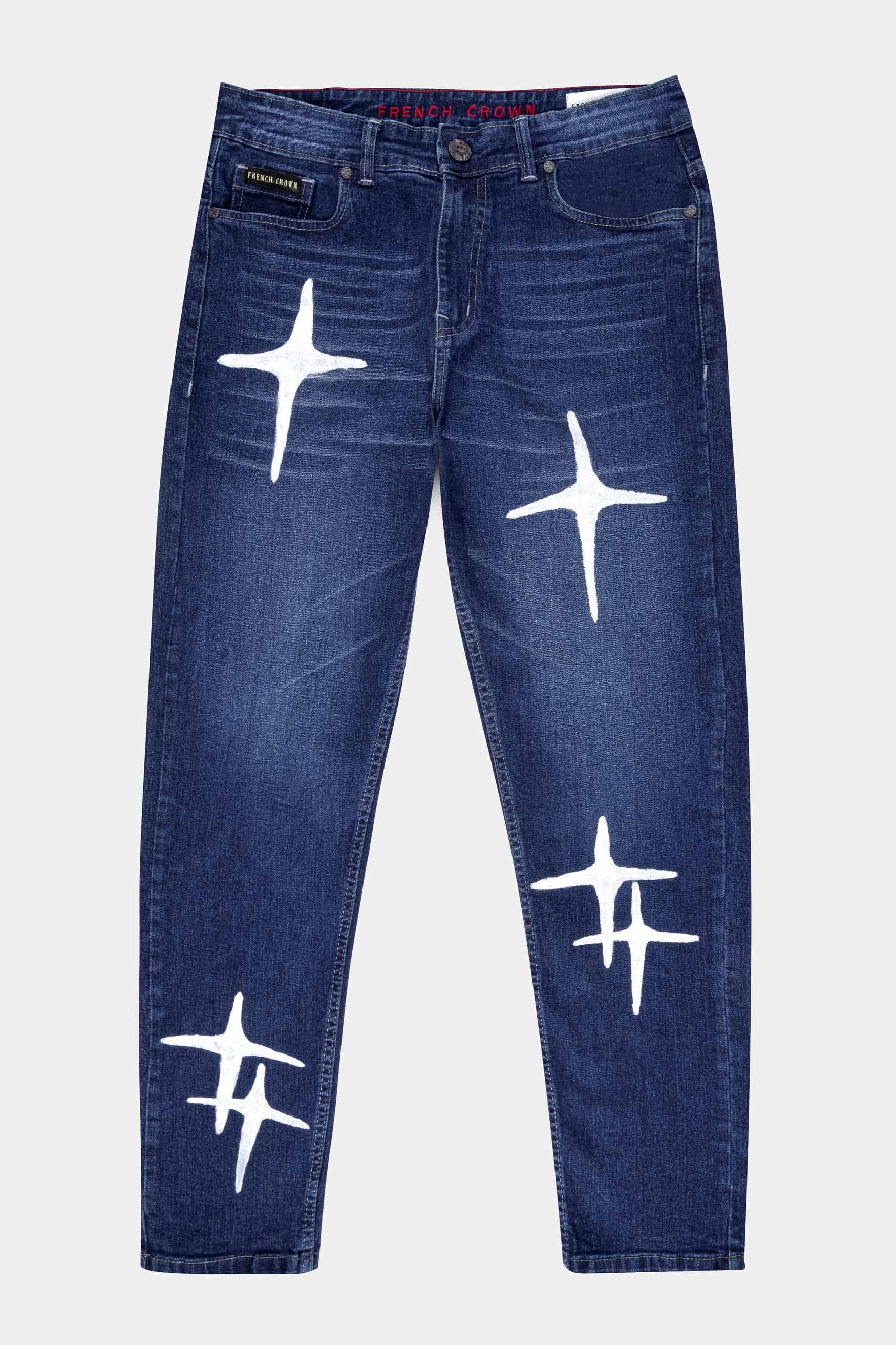 Firefly Navy Blue Stars Hand Printed Stretchable Designer Denim