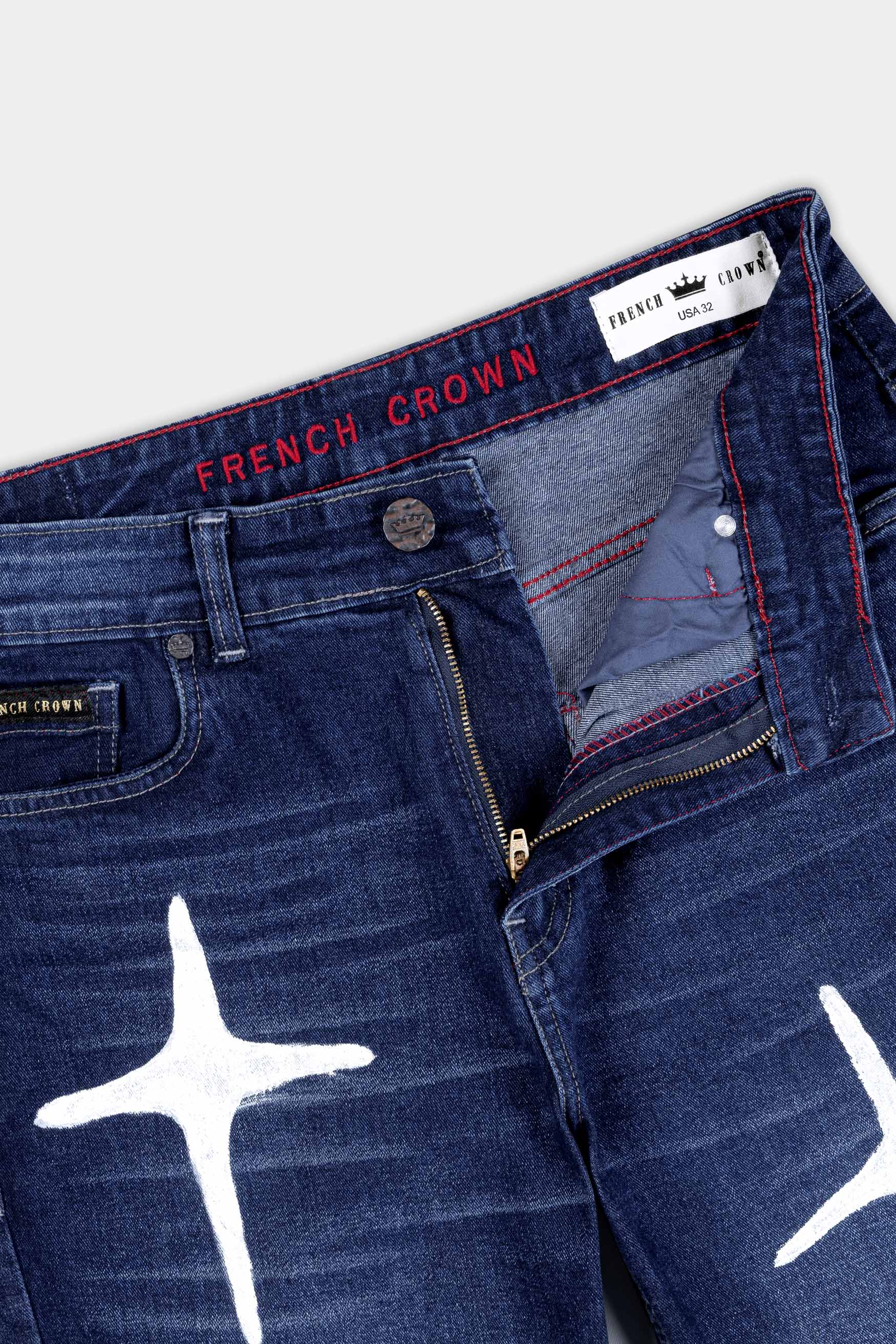 Firefly Navy Blue Stars Hand Printed Stretchable Designer Denim