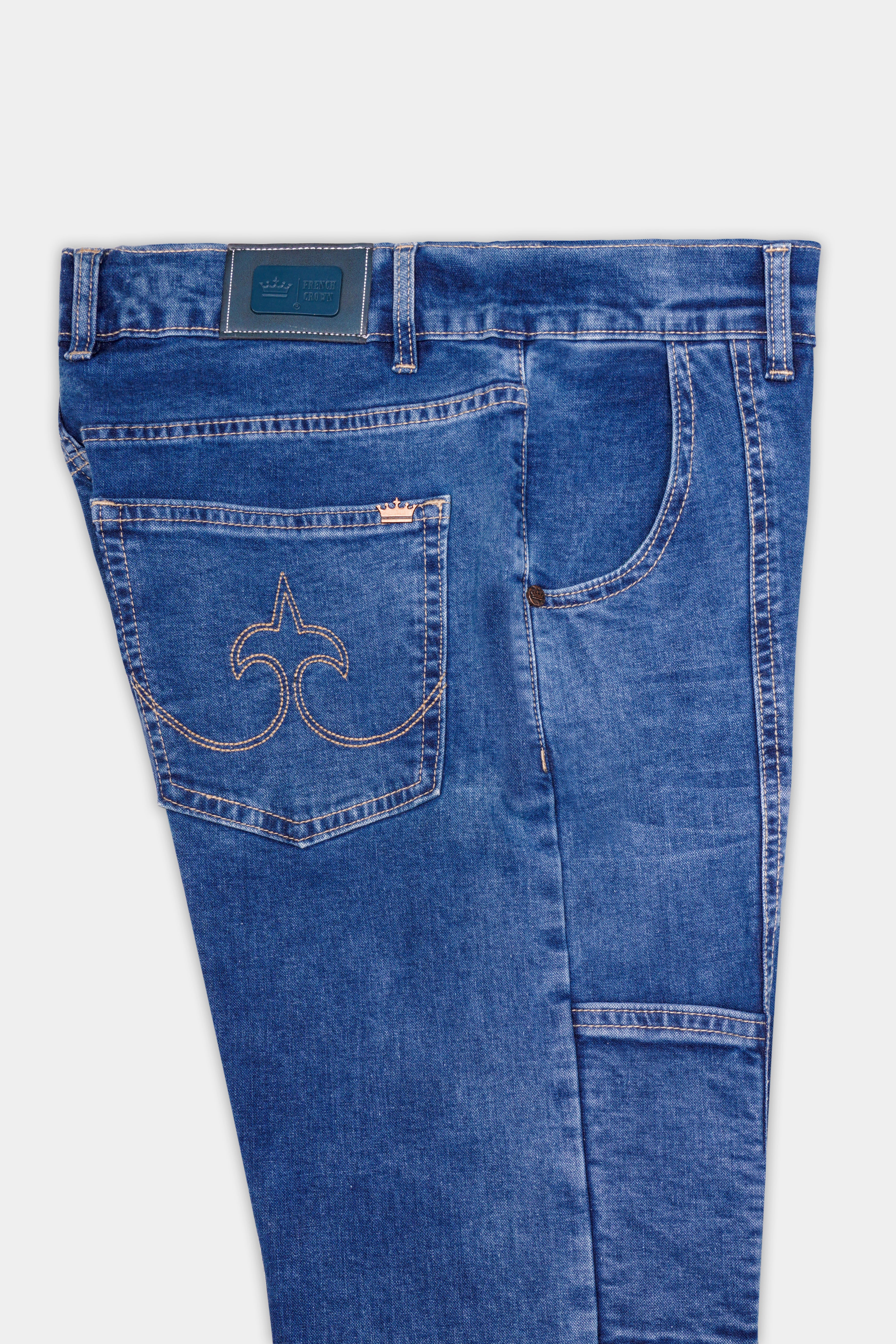 Brandeis Blue Whiskering Washed Stretchable Cargo Denim