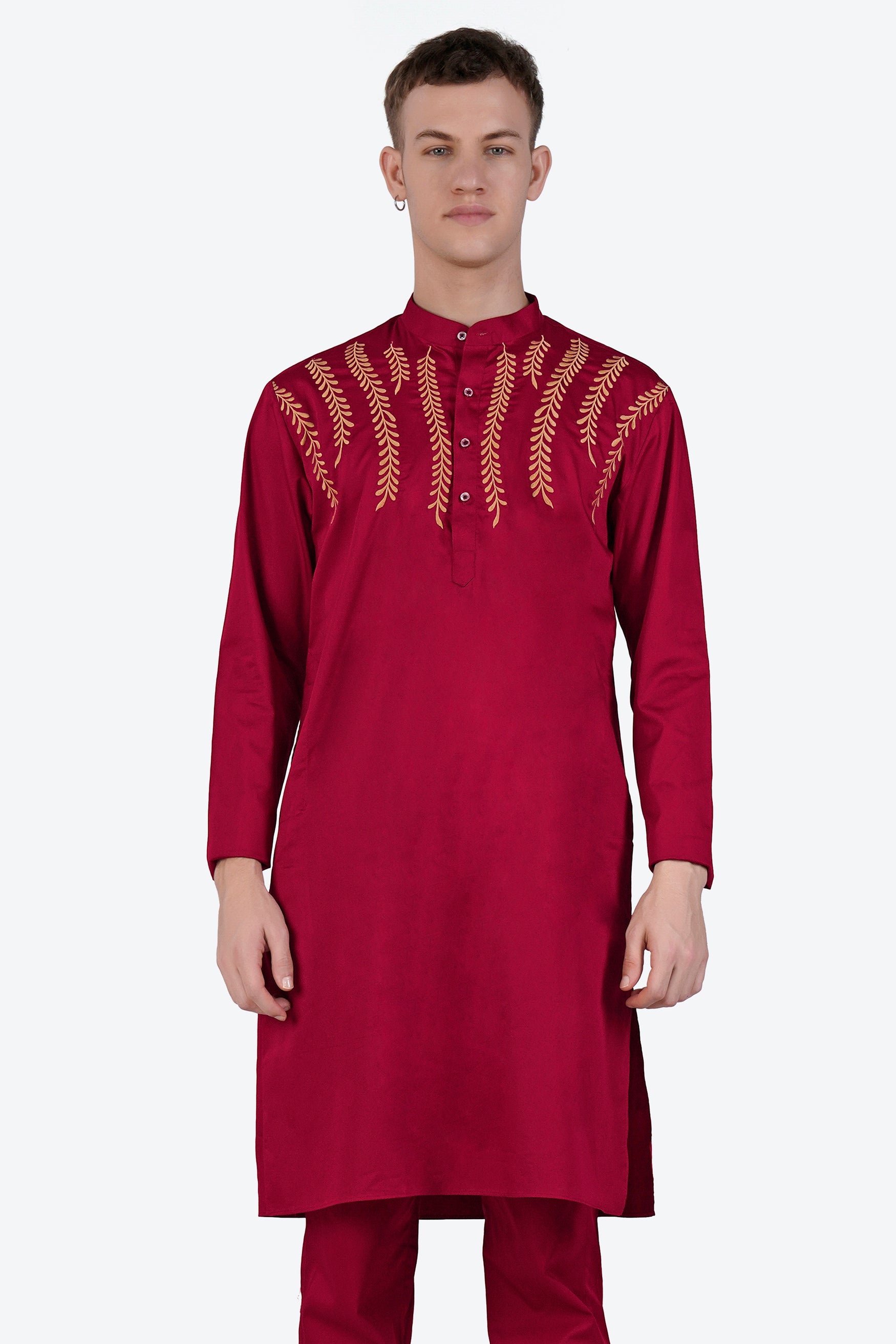 Vivid Auburn Red Subtle Sheen Super Soft Premium Cotton Leaves Embroidered Designer Kurta Set