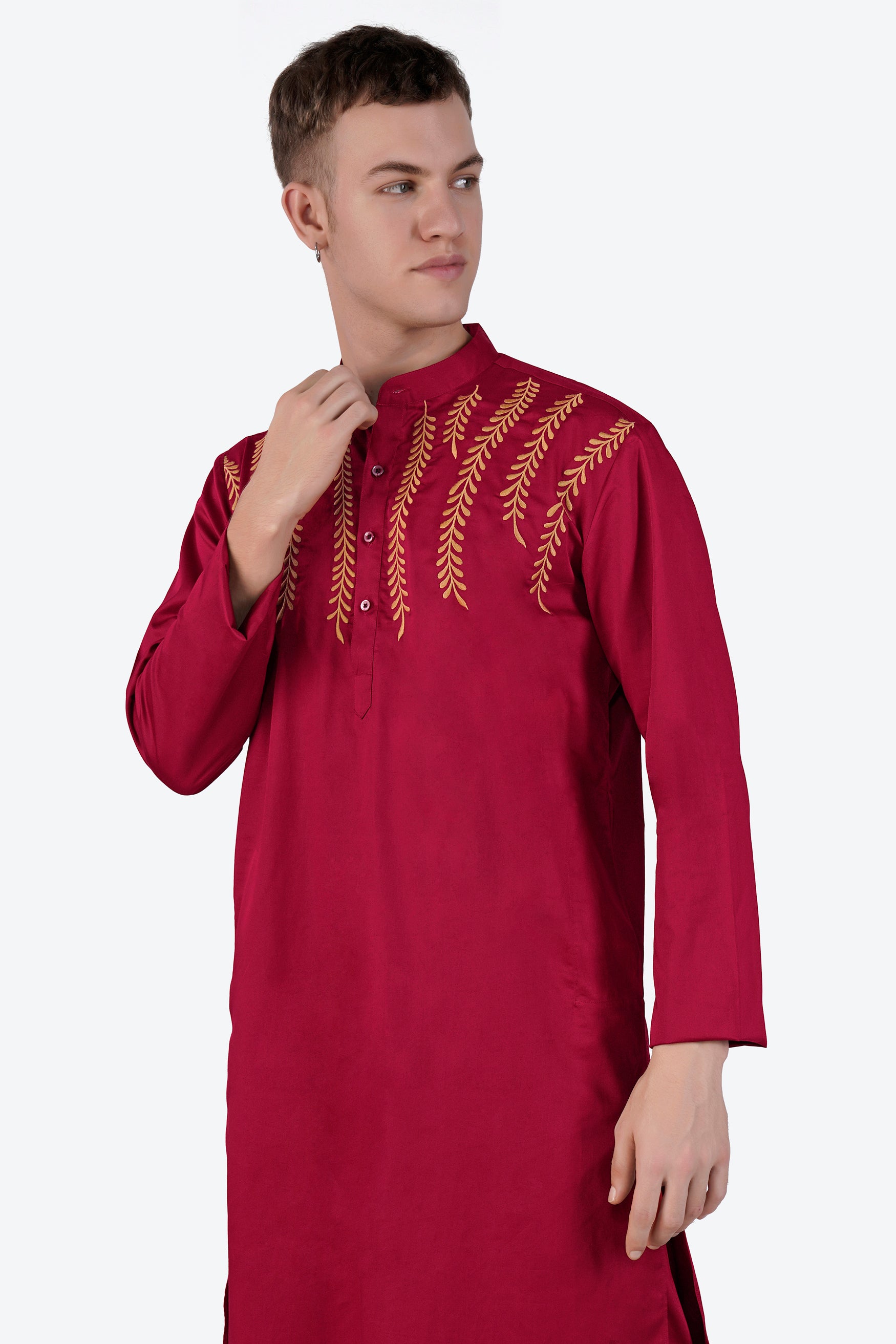 Vivid Auburn Red Subtle Sheen Super Soft Premium Cotton Leaves Embroidered Designer Kurta Set