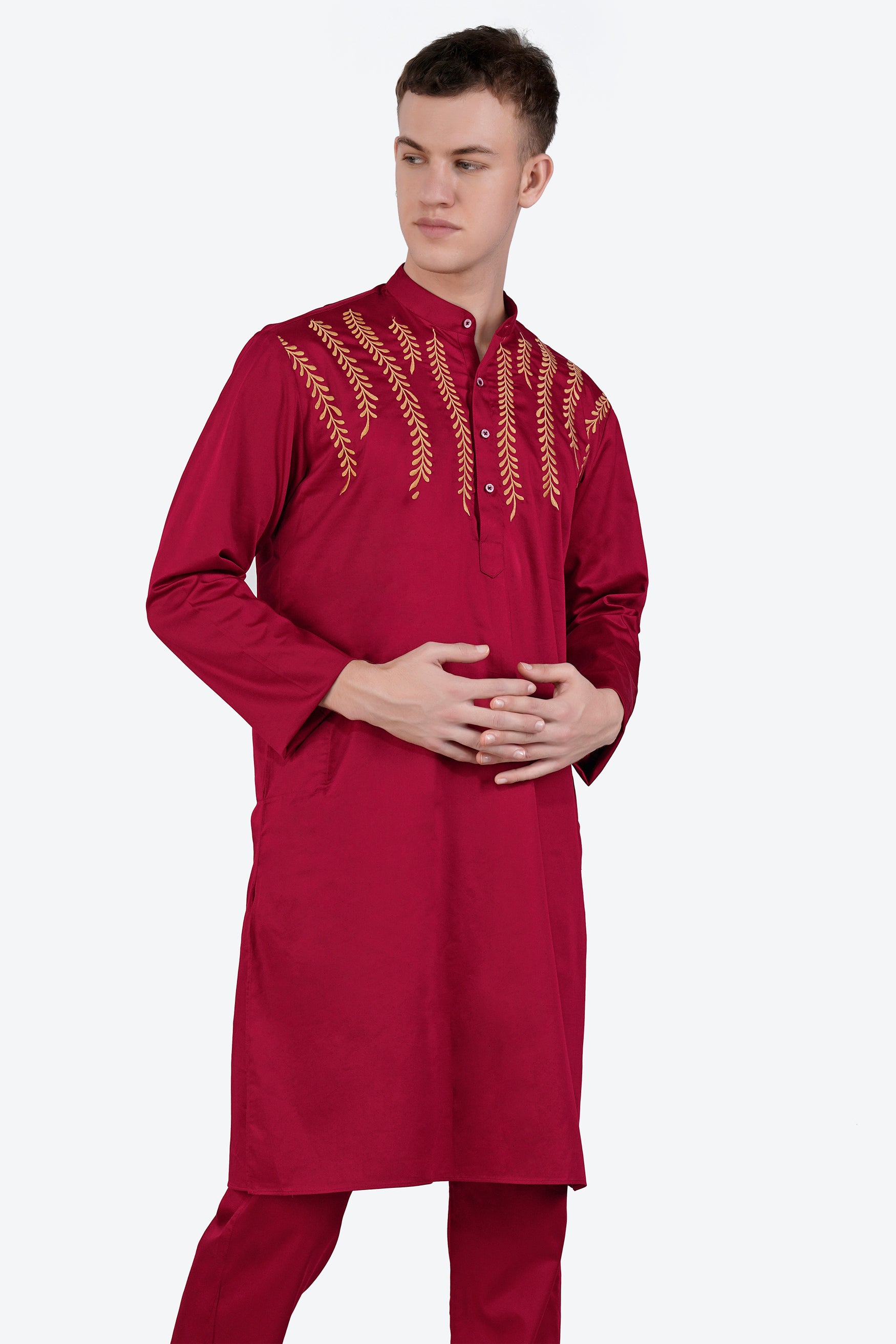 Vivid Auburn Red Subtle Sheen Super Soft Premium Cotton Leaves Embroidered Designer Kurta Set