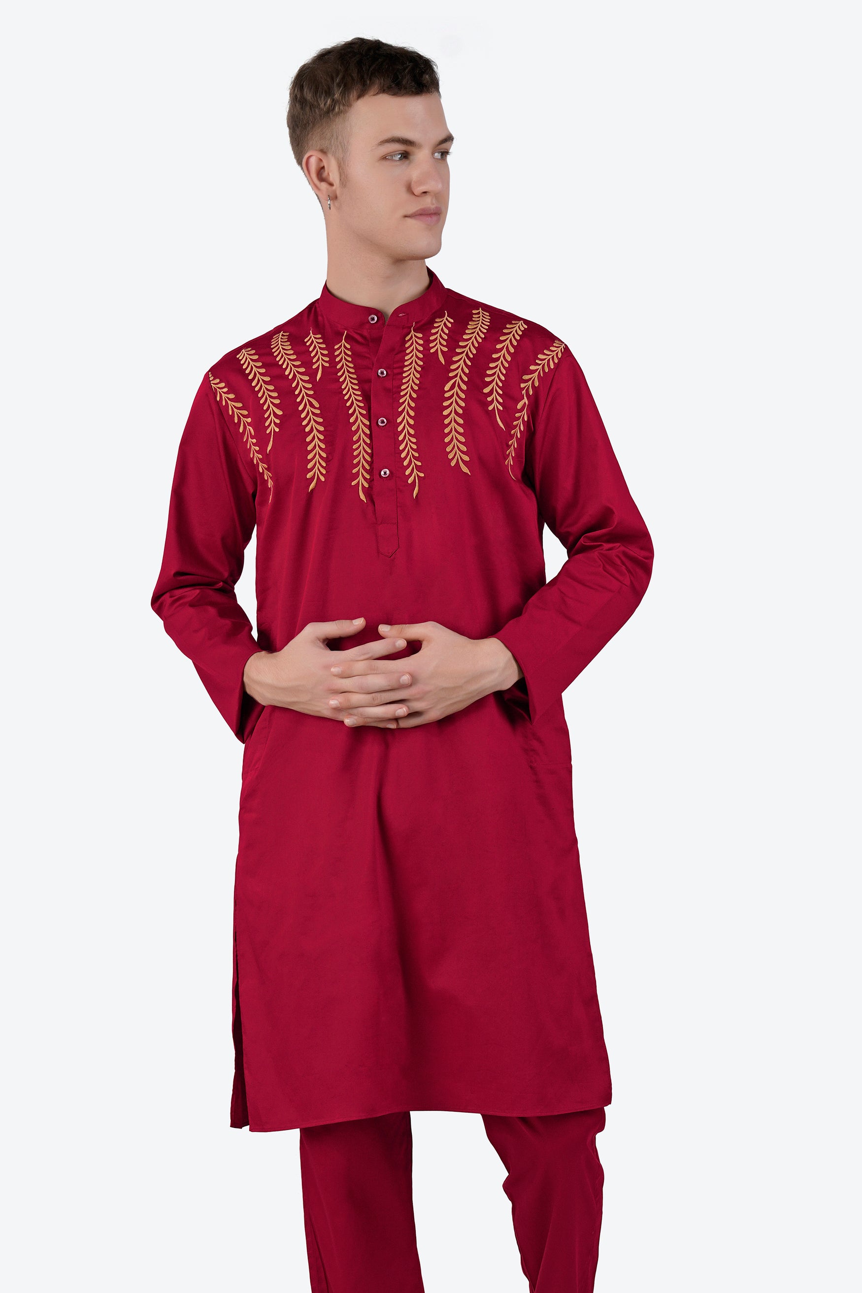 Vivid Auburn Red Subtle Sheen Super Soft Premium Cotton Leaves Embroidered Designer Kurta Set