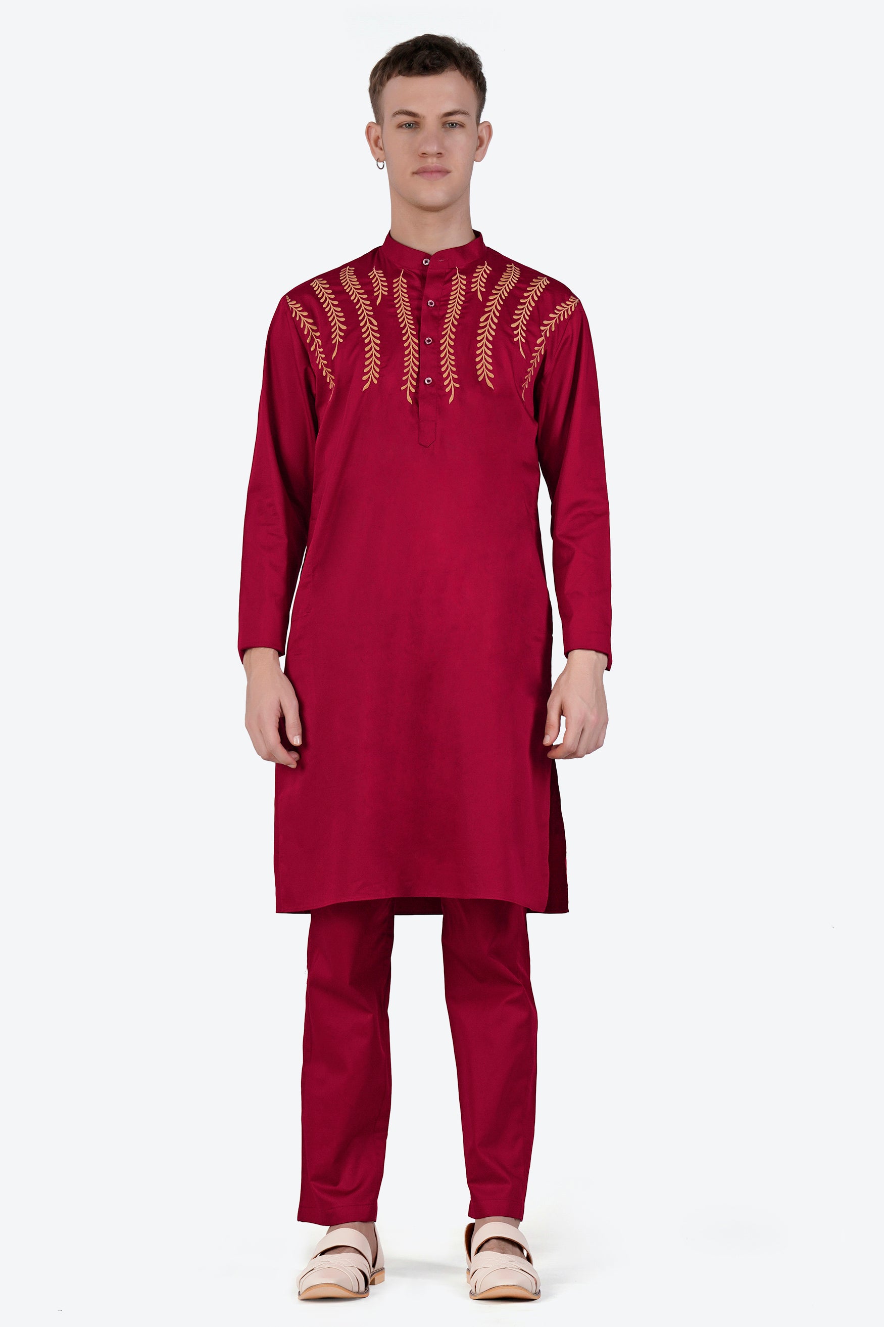 Vivid Auburn Red Subtle Sheen Super Soft Premium Cotton Leaves Embroidered Designer Kurta Set