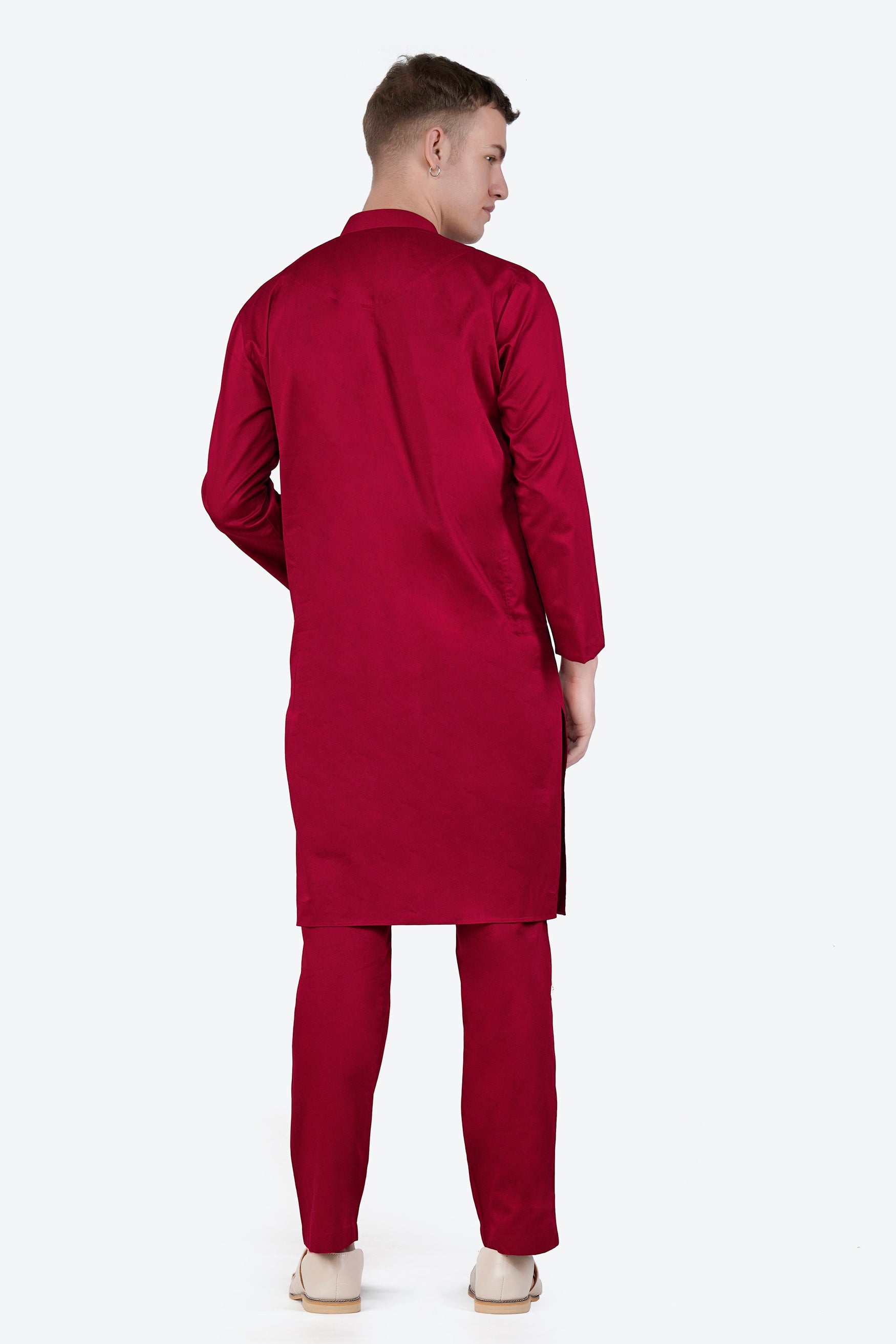 Vivid Auburn Red Subtle Sheen Super Soft Premium Cotton Leaves Embroidered Designer Kurta Set