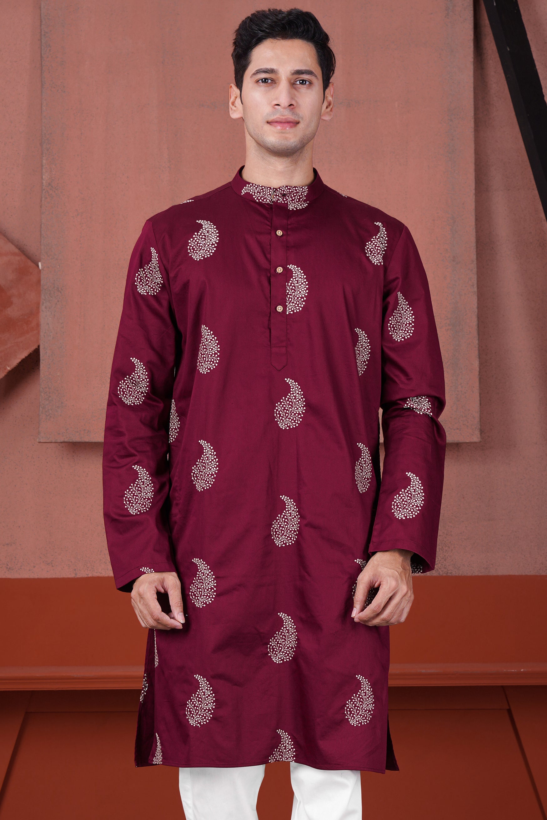 Bordeaux Maroon Paisley Embroidered Subtle Sheen Super Soft Premium Cotton Designer Kurta