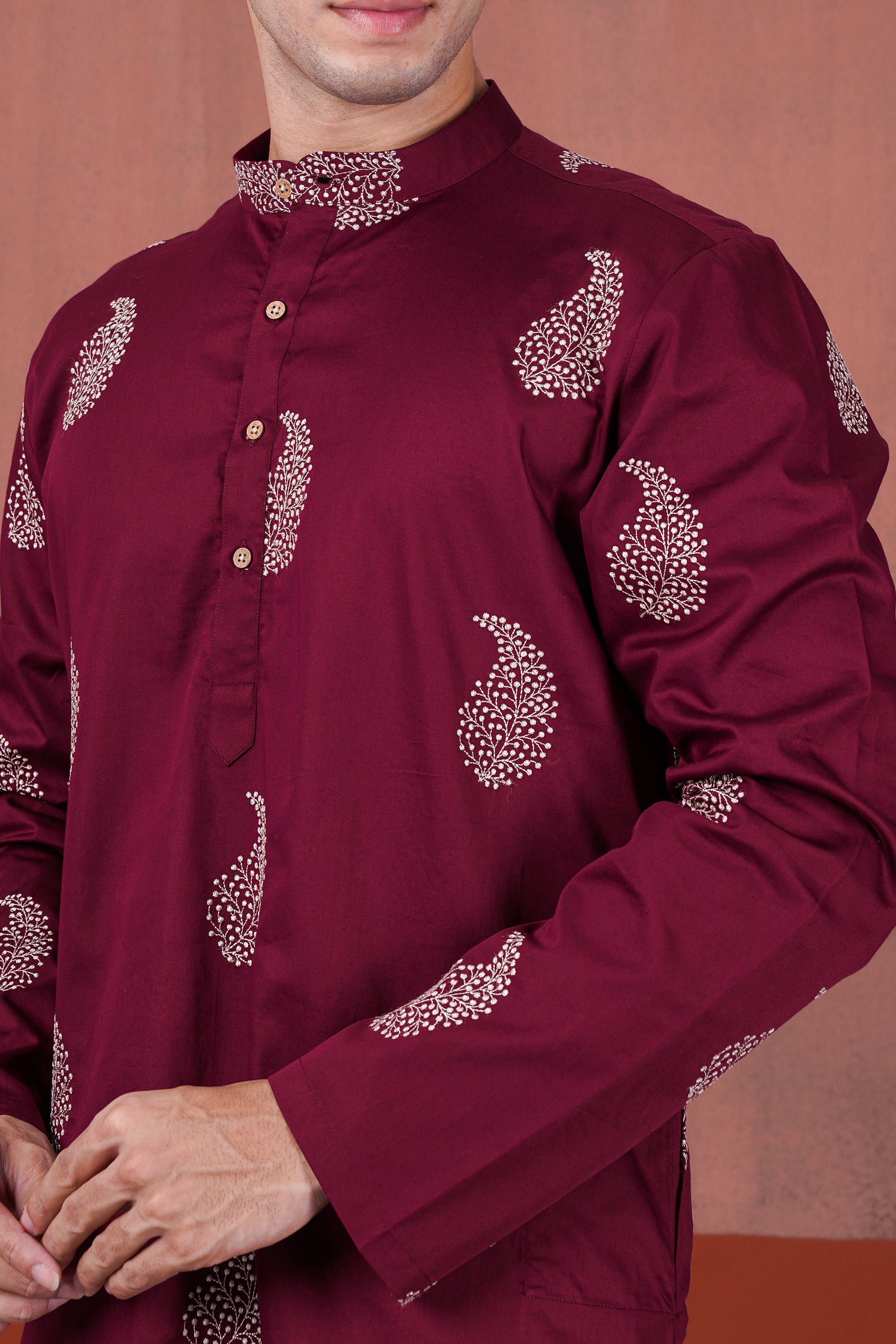 Bordeaux Maroon Paisley Embroidered Subtle Sheen Super Soft Premium Cotton Designer Kurta