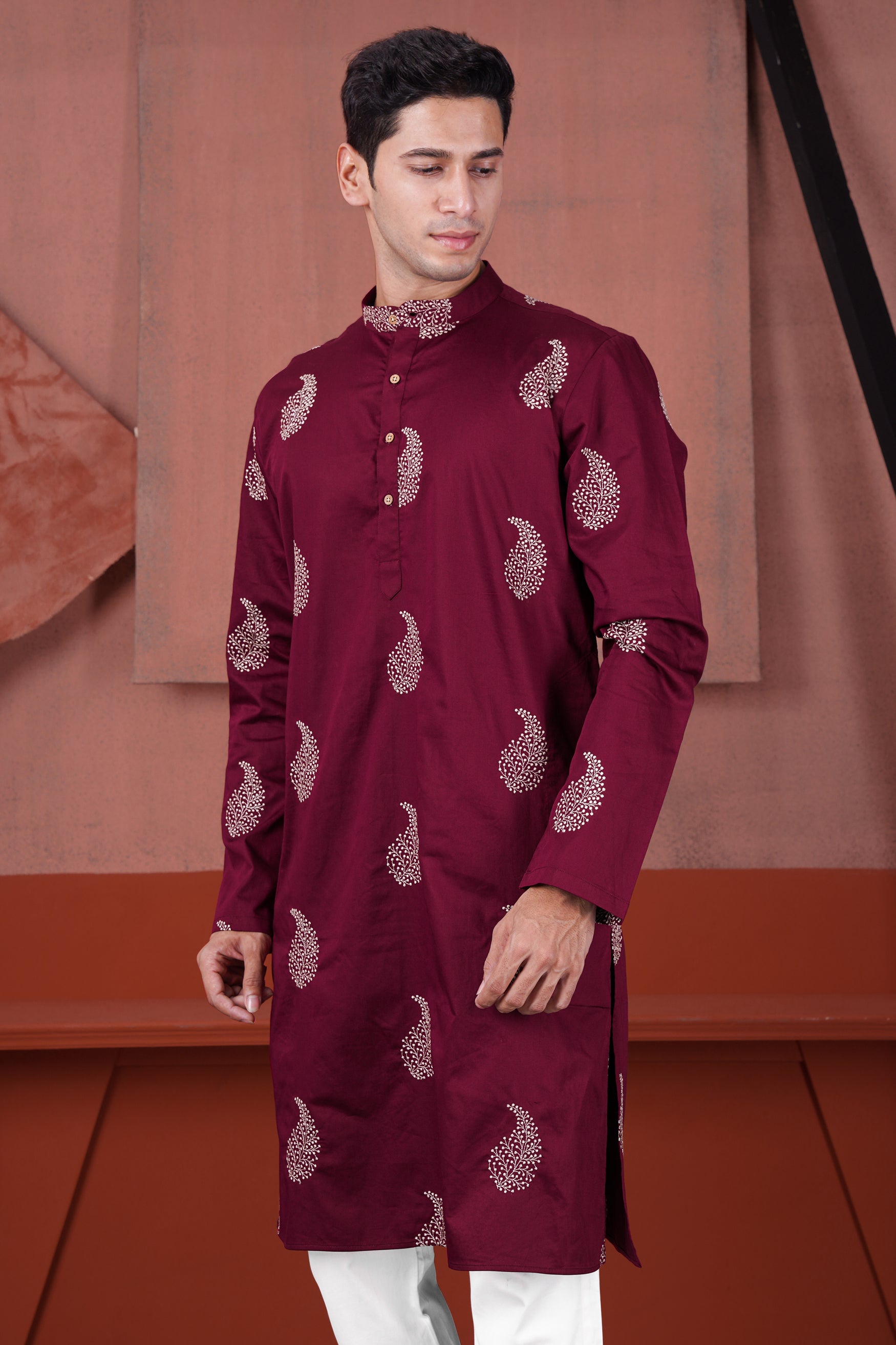 Bordeaux Maroon Paisley Embroidered Subtle Sheen Super Soft Premium Cotton Designer Kurta