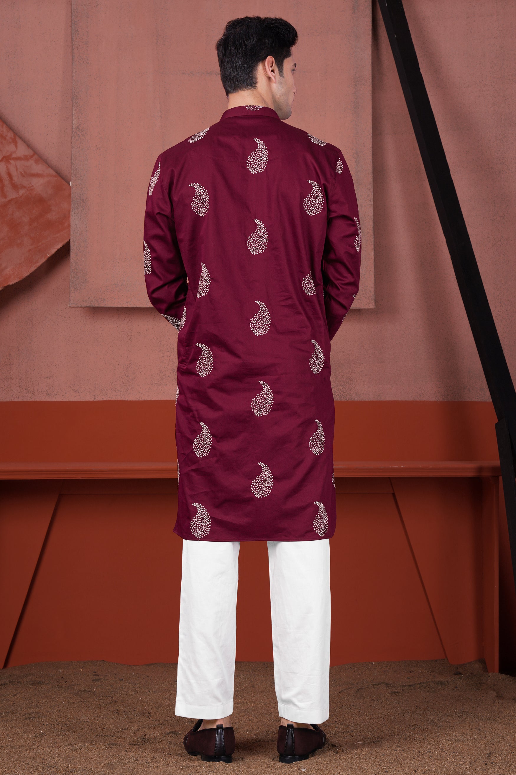 Bordeaux Maroon Paisley Embroidered Subtle Sheen Super Soft Premium Cotton Designer Kurta