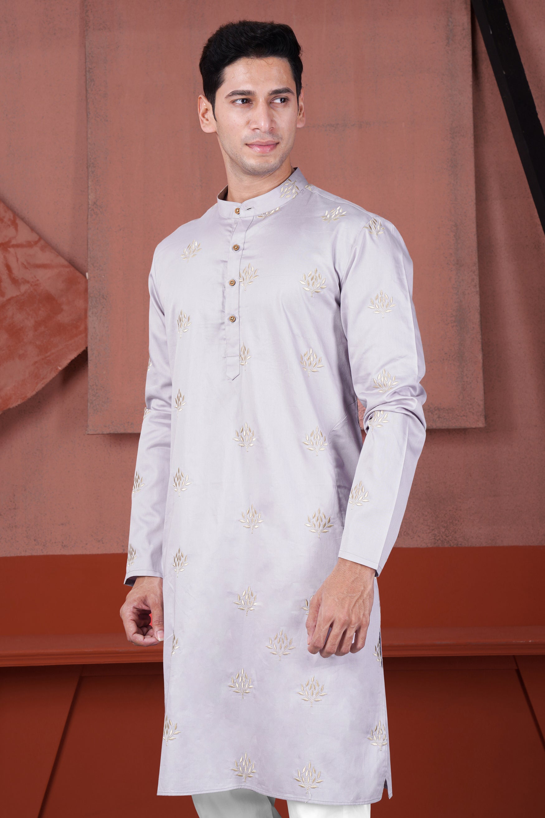 Pearl Lavender Leaves Embroidered Subtle Sheen Super Soft Premium Cotton Designer Kurta