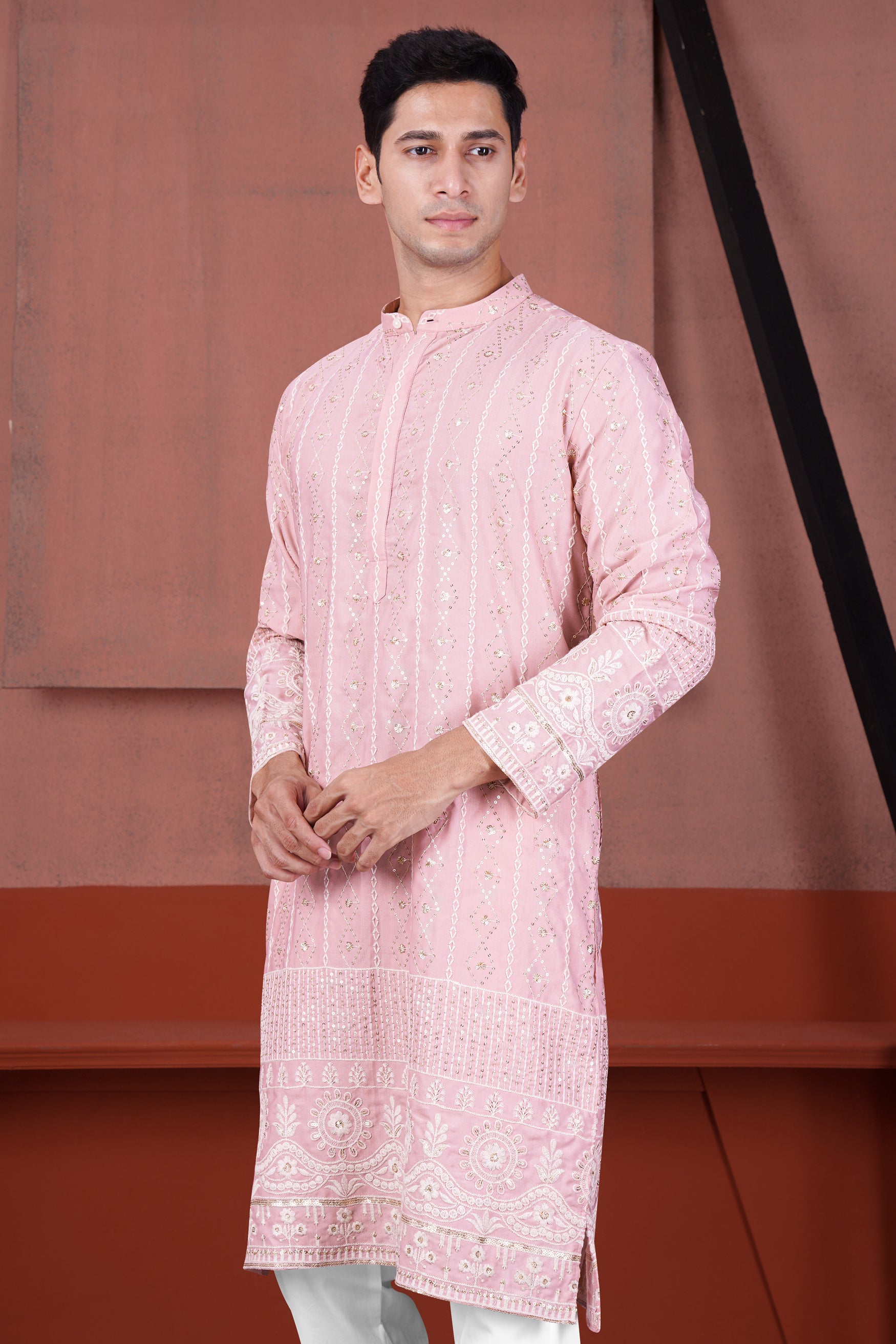 Oyster Pink Embroidered with Sequin Work Viscose Designer Kurta