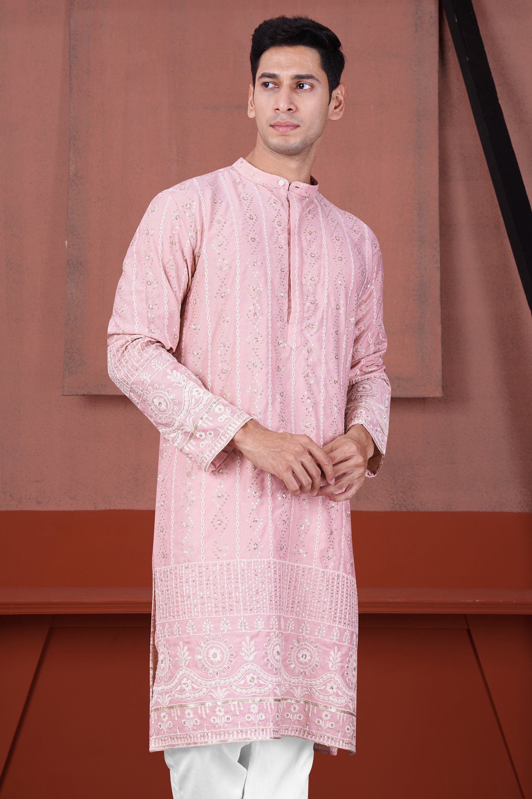 Oyster Pink Embroidered with Sequin Work Viscose Designer Kurta