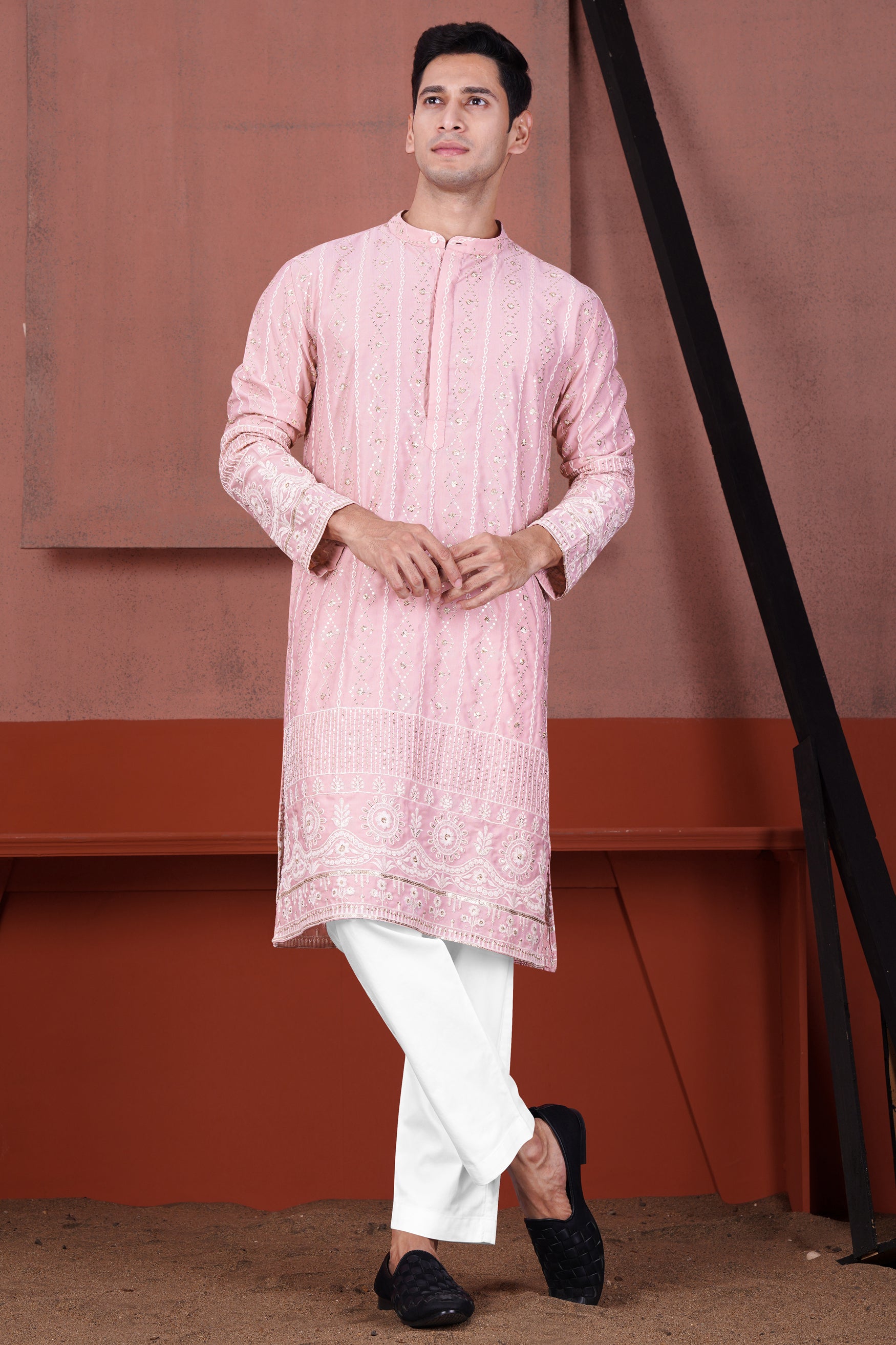 Oyster Pink Embroidered with Sequin Work Viscose Designer Kurta