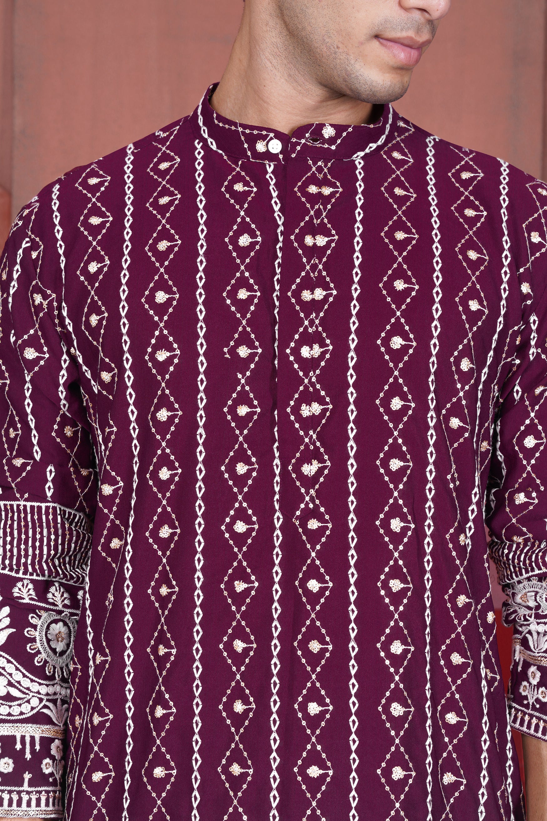 Barossa Purple and Bright White Embroidered Viscose Designer Kurta