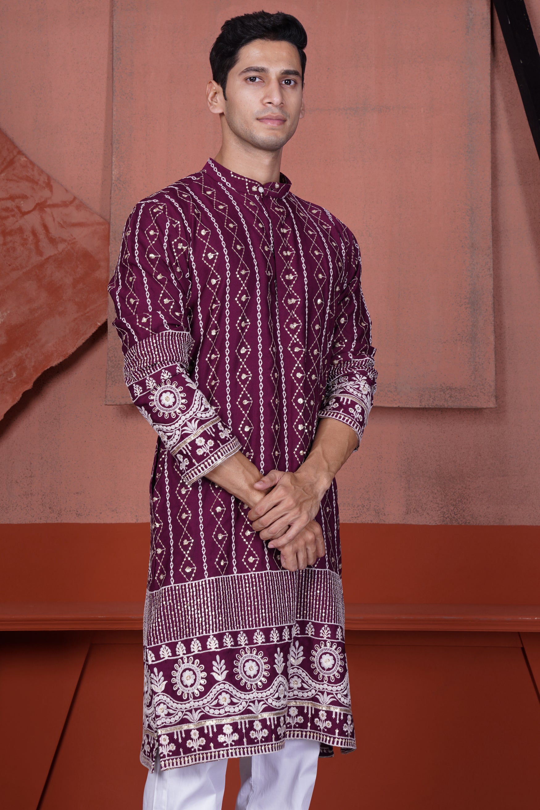 Barossa Purple and Bright White Embroidered Viscose Designer Kurta