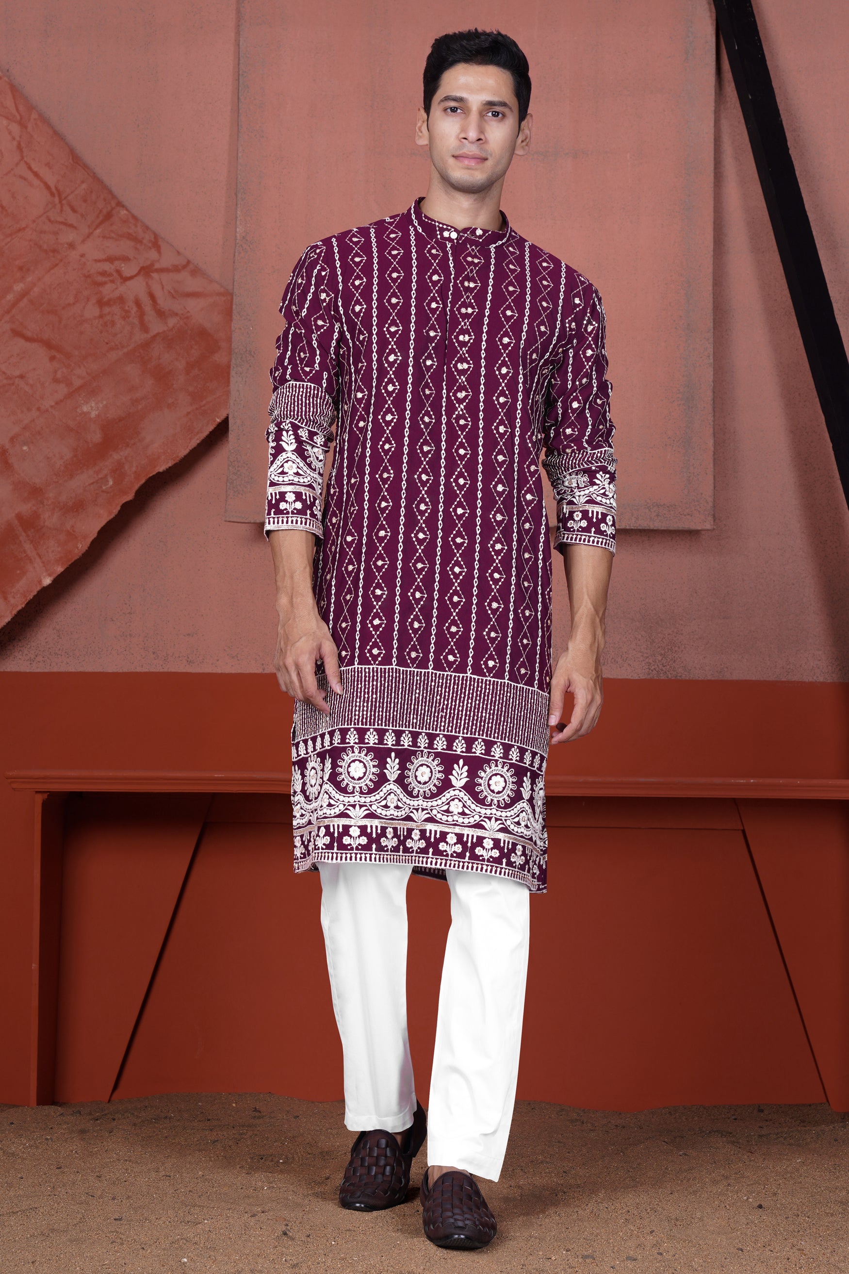 Barossa Purple and Bright White Embroidered Viscose Designer Kurta